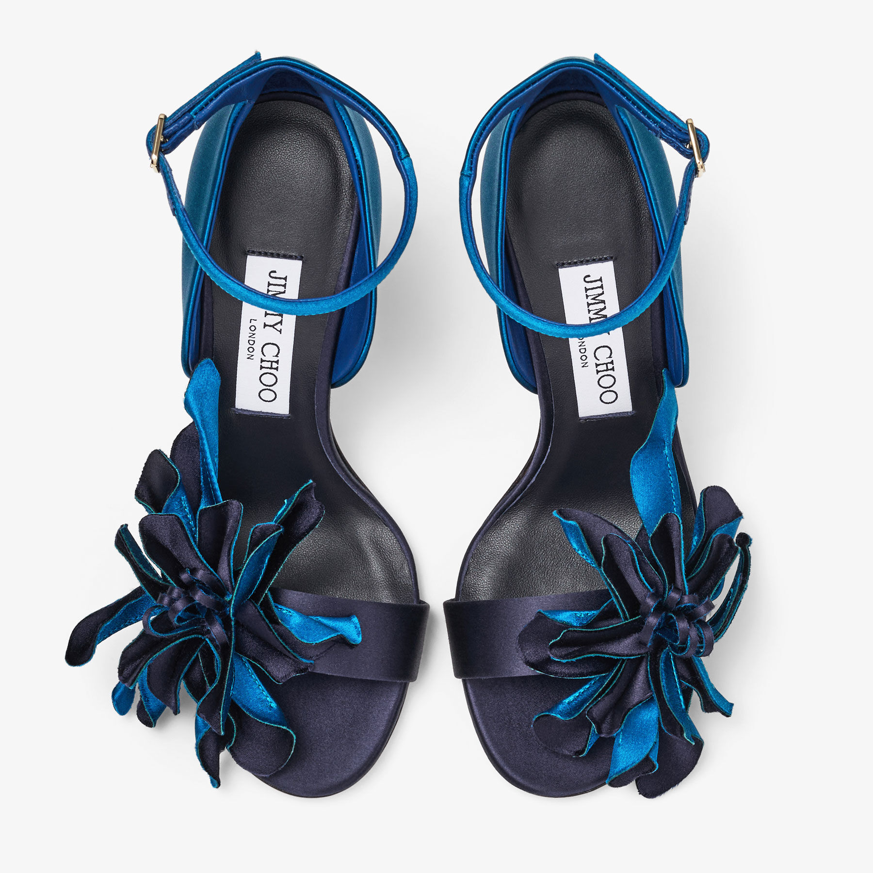Coko 100 | Marine and Lagoon Satin Sandals with Floral Accent