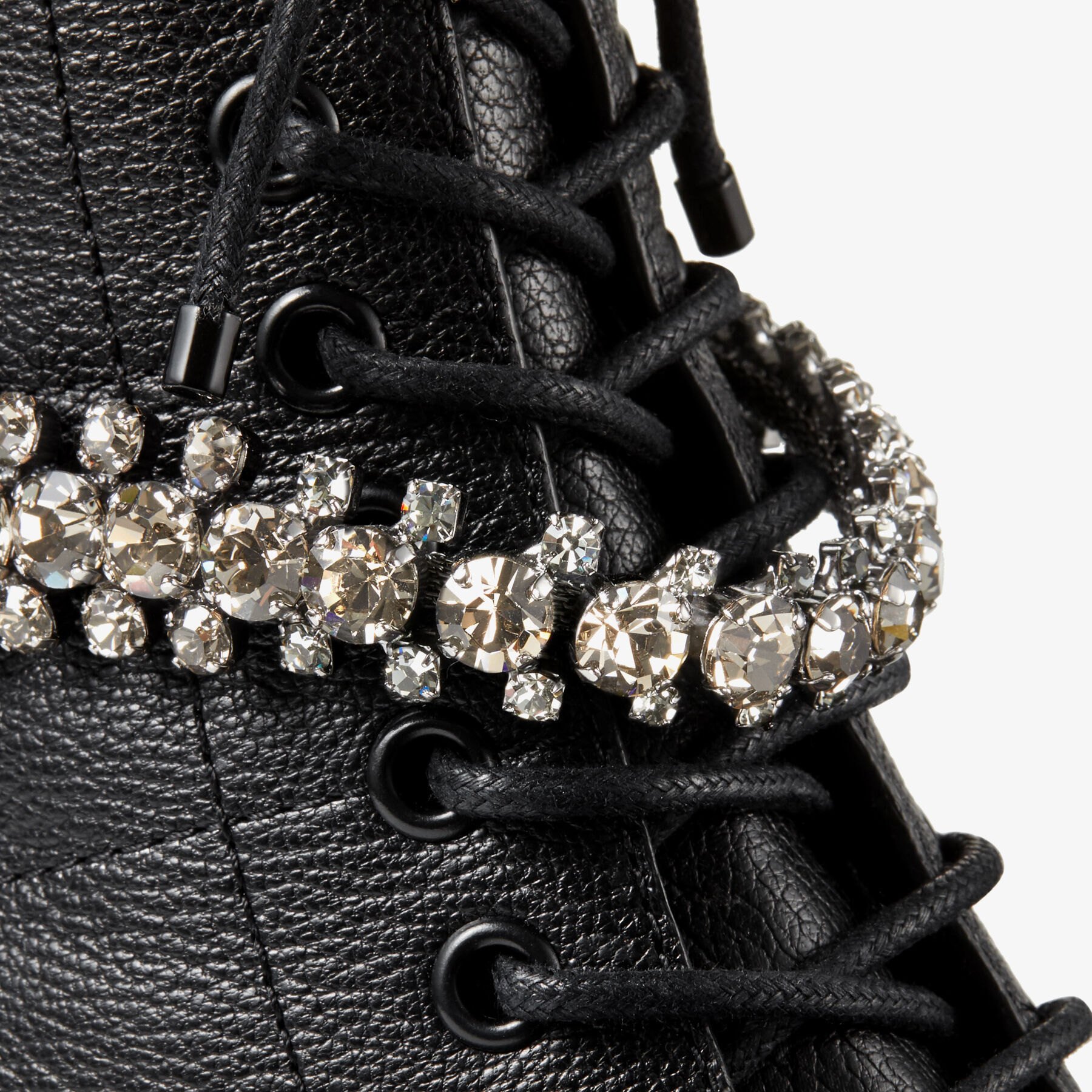 Black Grained Leather Lace-Up Combat Boots with Crystal