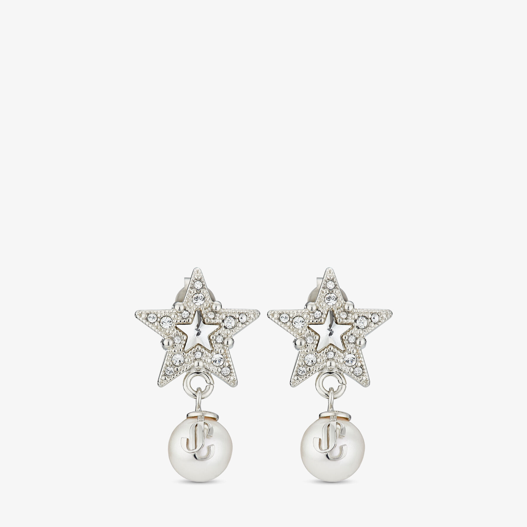 Jimmy Choo Crystal Star ピアス Silver-Finish Metal Star Earrings with White Resin Pearls and