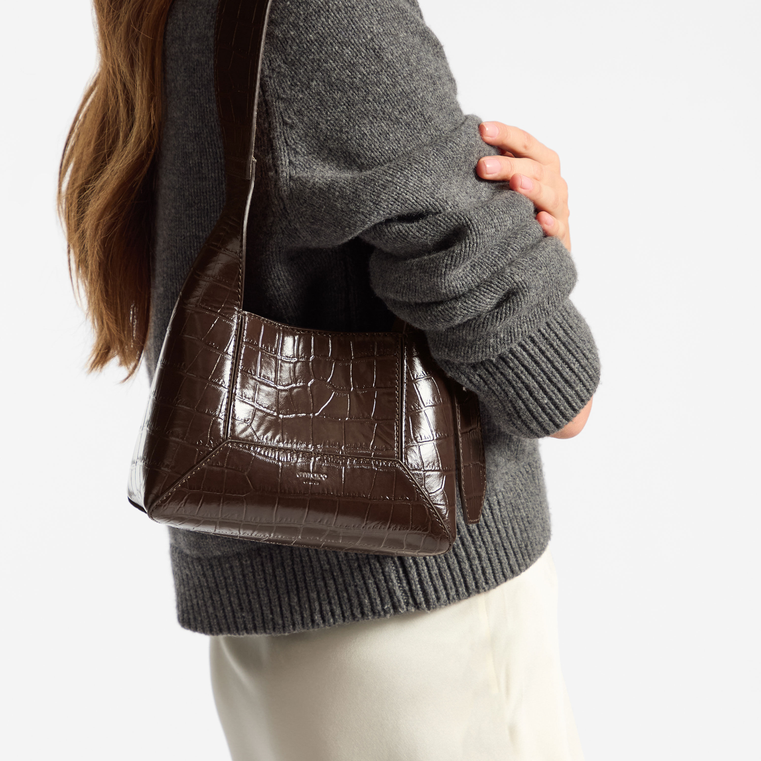 Diamond Hobo S | Chocolate Croc Embossed Calf Leather Shoulder Bag
