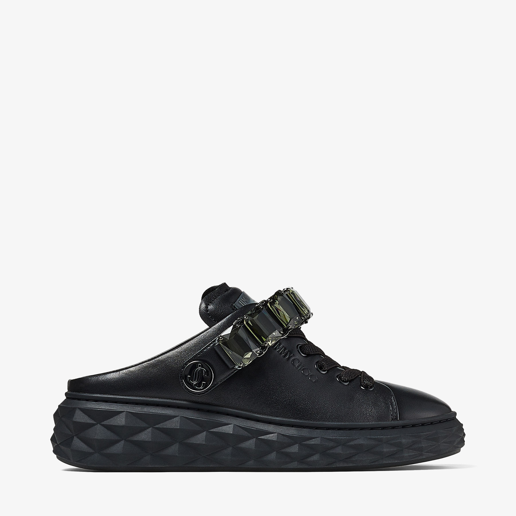 Diamond Sling | Black Nappa Leather Slipper Trainers with Crystal
