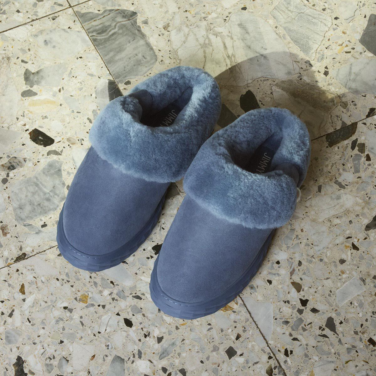 Diamond Maxi Mule F | Arctic Blue Suede Mules with Shearling