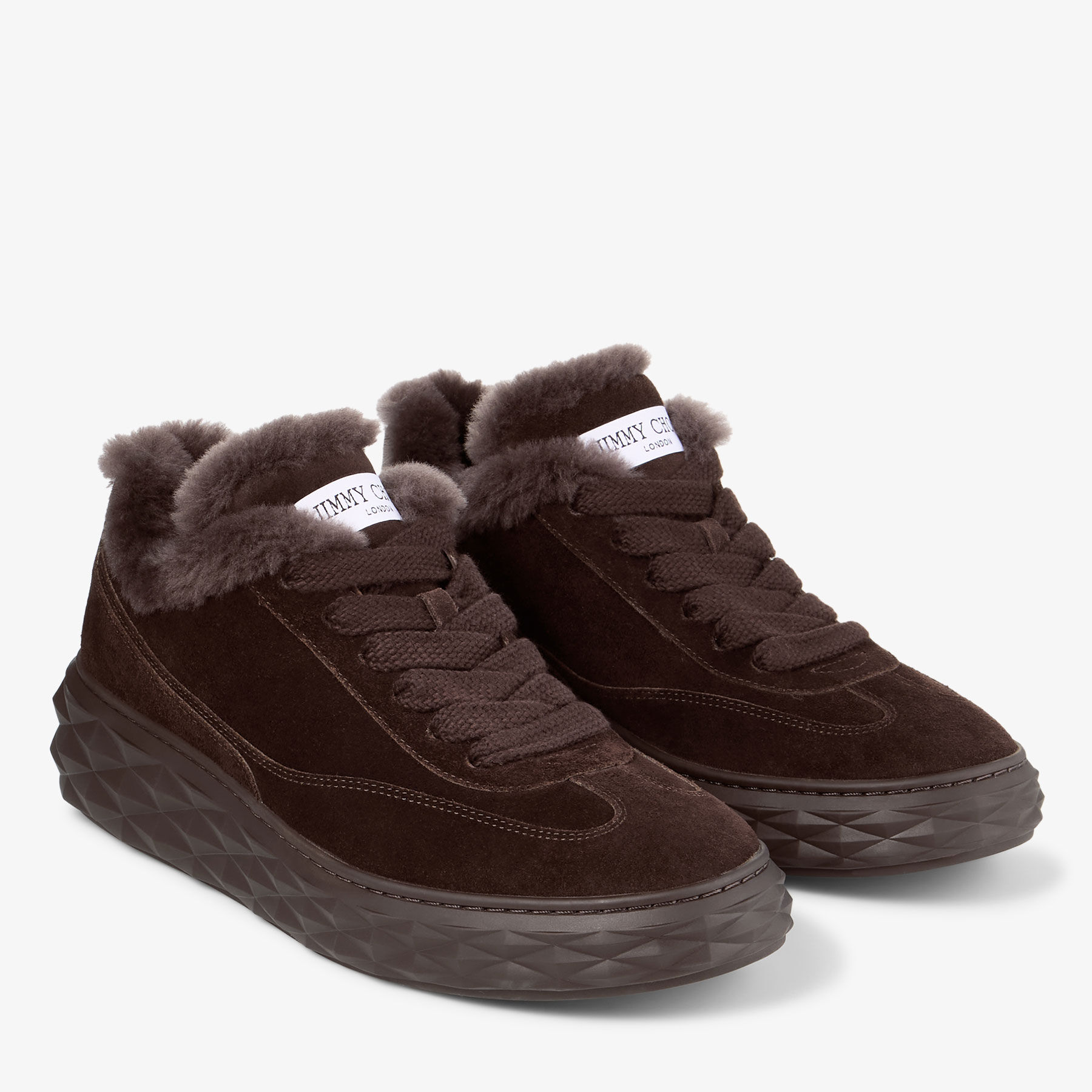 tomtomJIMMY CHOO ファー付きスニーカー Diamond Maxi Retro F | Toffee Velvet Suede Low Top Trainers with