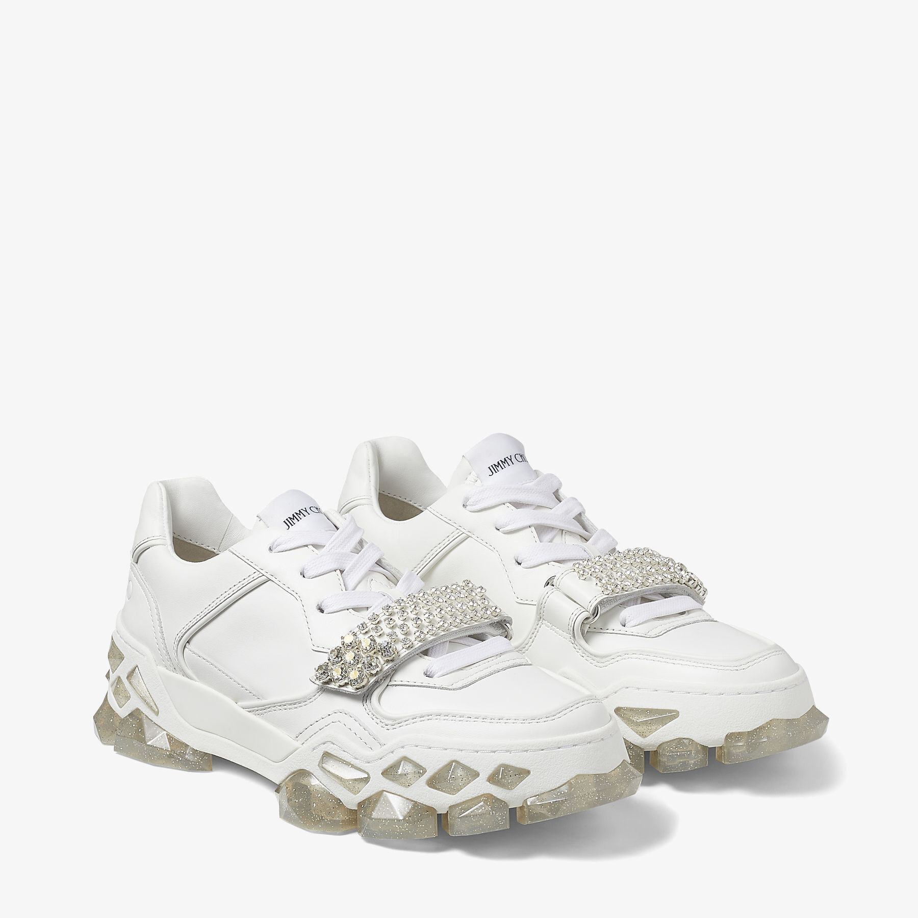 White Calf Leather Low Top Trainers with Crystal Strap