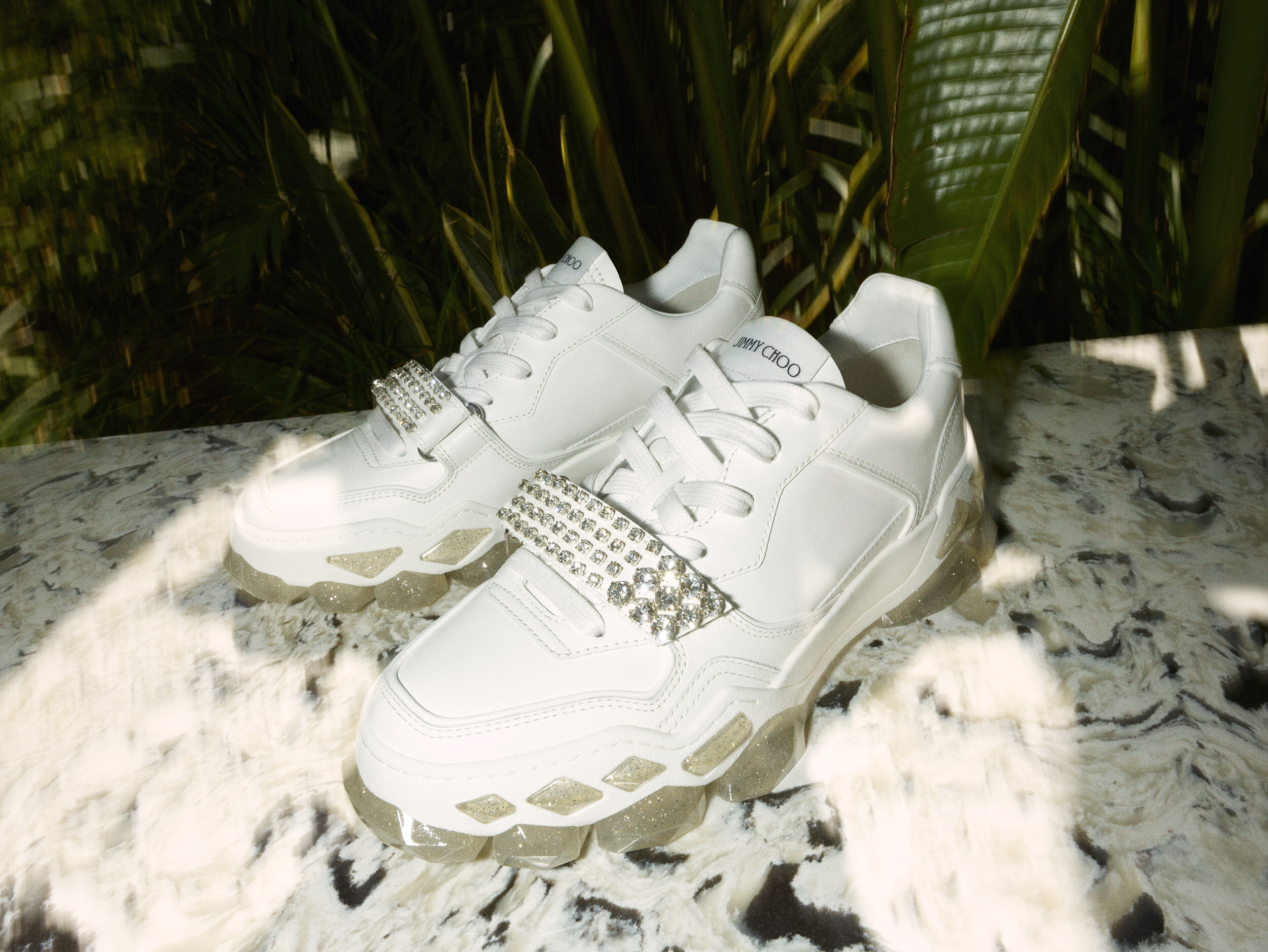 ファッション Low Leather Calf White Top Strap Crystal with Trainers スニーカー