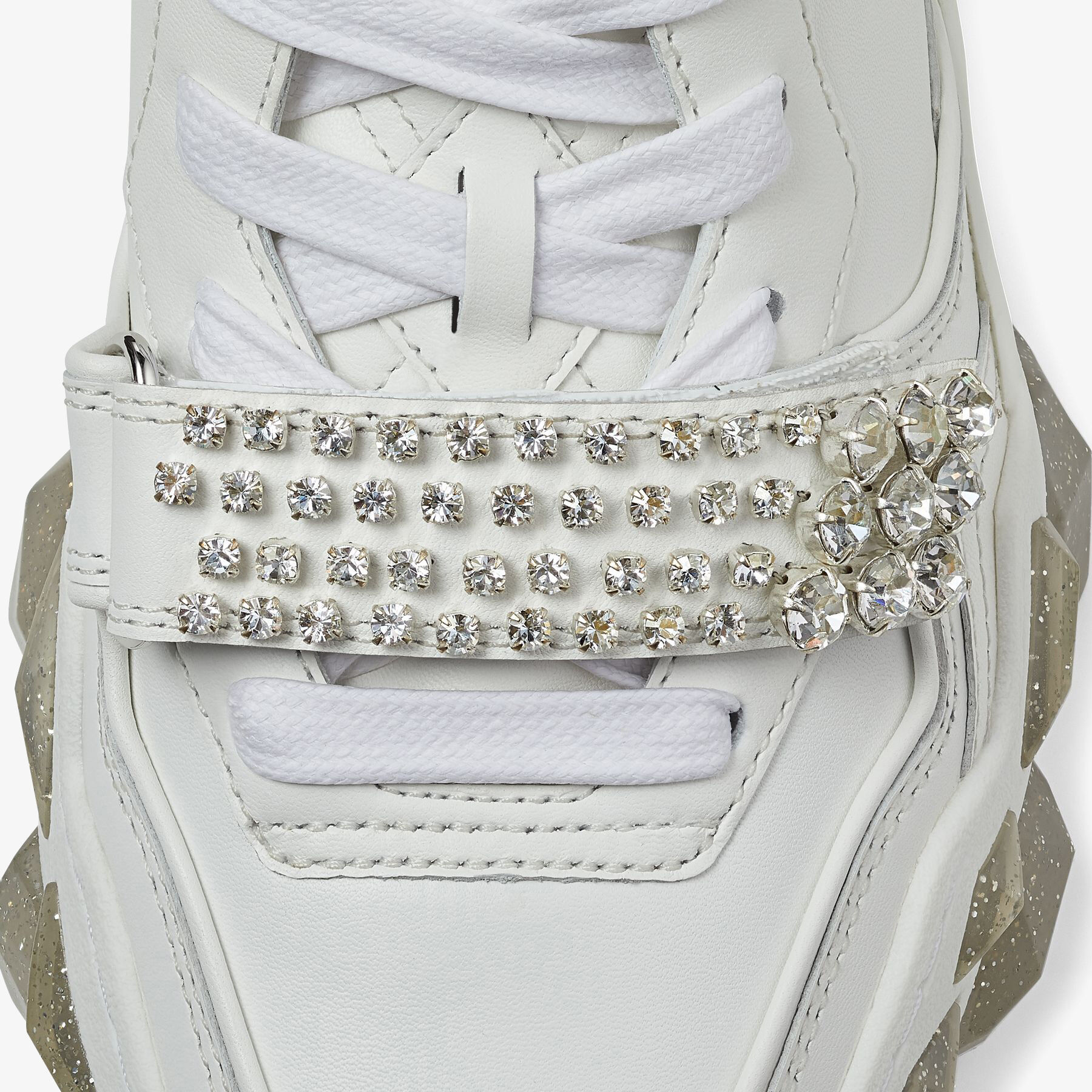 White Calf Leather Low Top Trainers with Crystal Strap