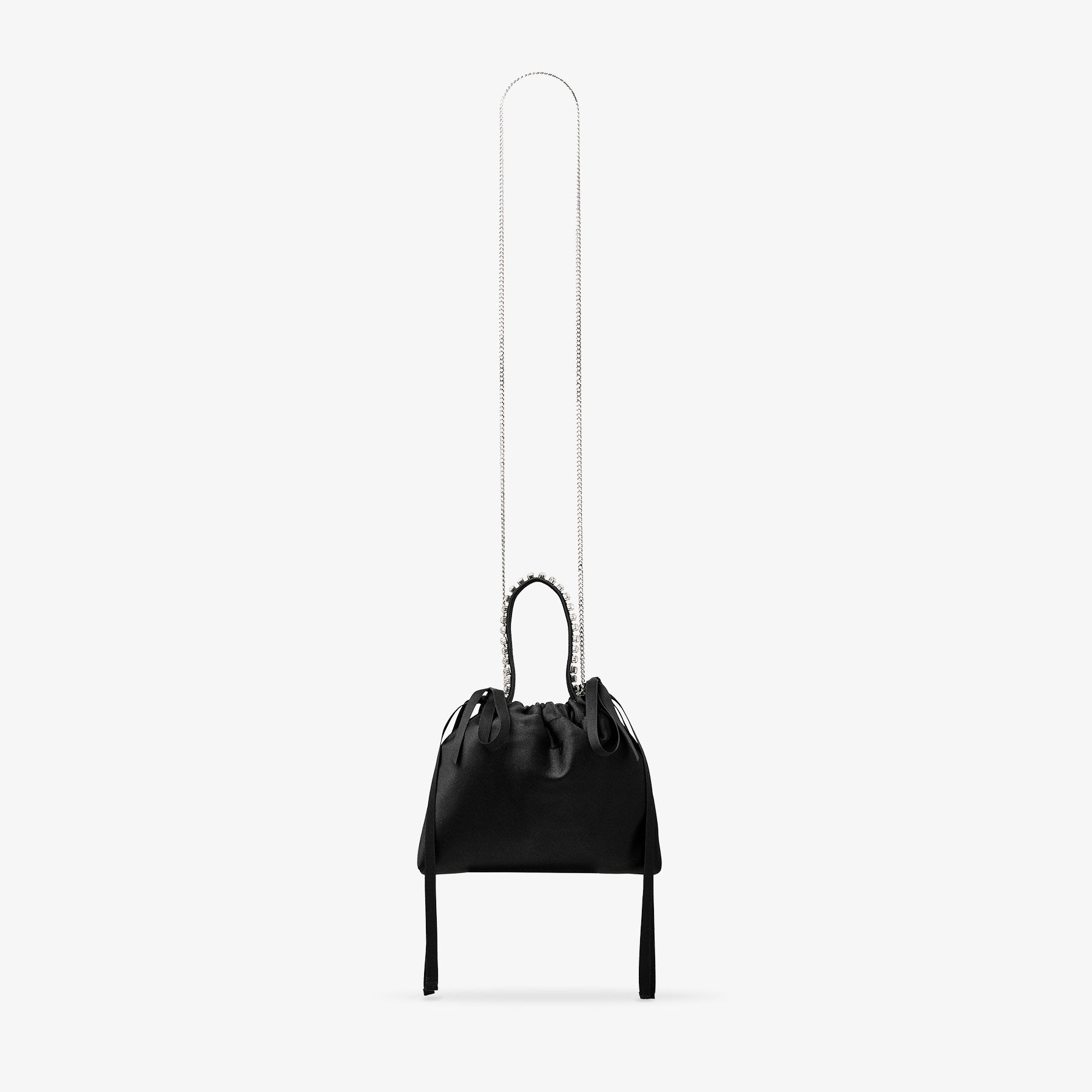 Drawstring Mini Top Handle | Black Satin Mini Shoulder Bag | JIMMY
