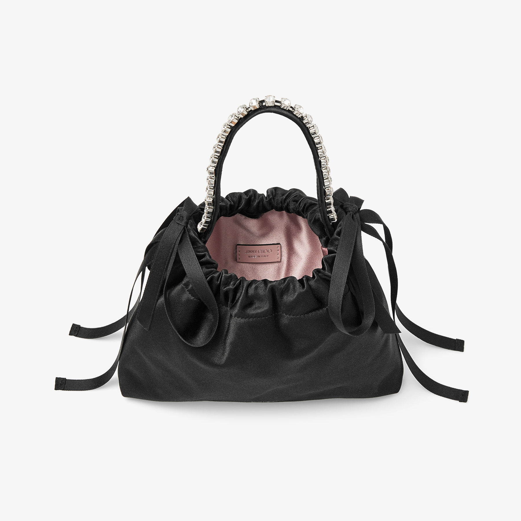 Drawstring Mini Top Handle | Black Satin Mini Shoulder Bag | JIMMY
