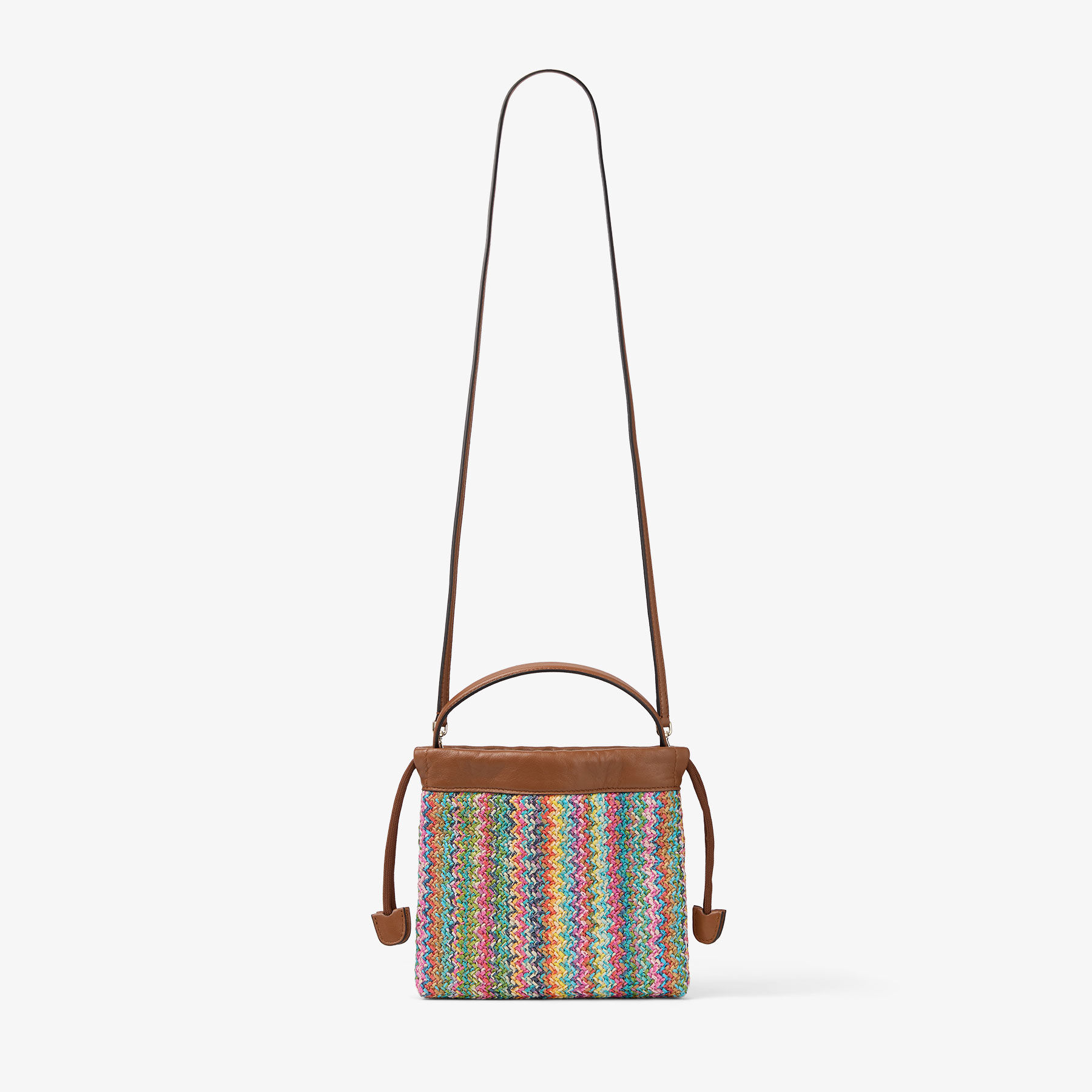 Drawstring Pouch Top Handle | Multi and Tan Chevron Raffia