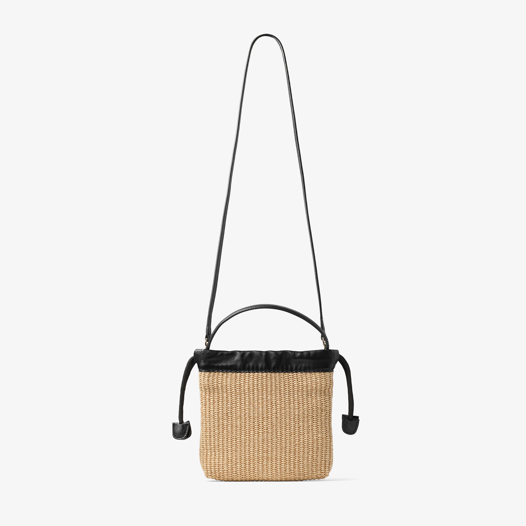 Drawstring Pouch Top Handle | Natural and Black Soft Raffia