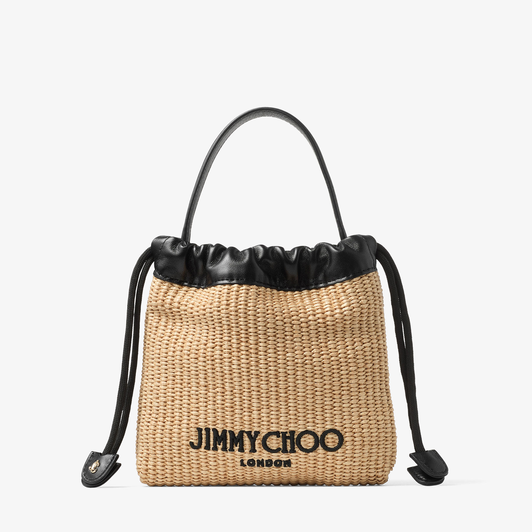 Drawstring Pouch Top Handle | Natural and Black Soft Raffia