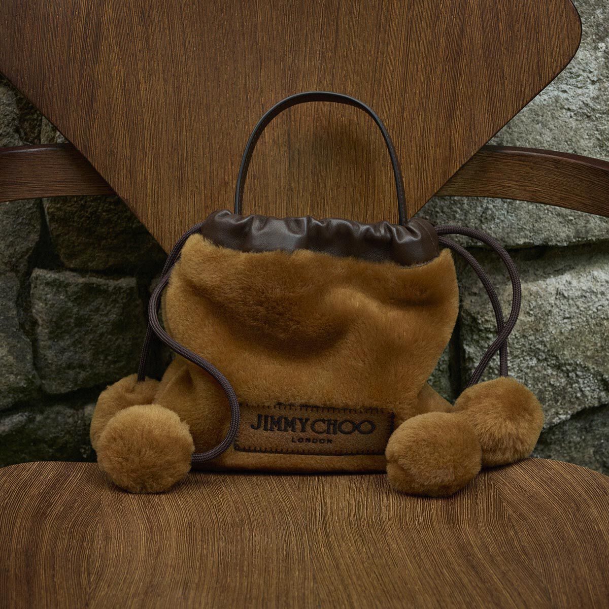 Drawstring Pouch Top Handle | Teddy and Chocolate Shearling and