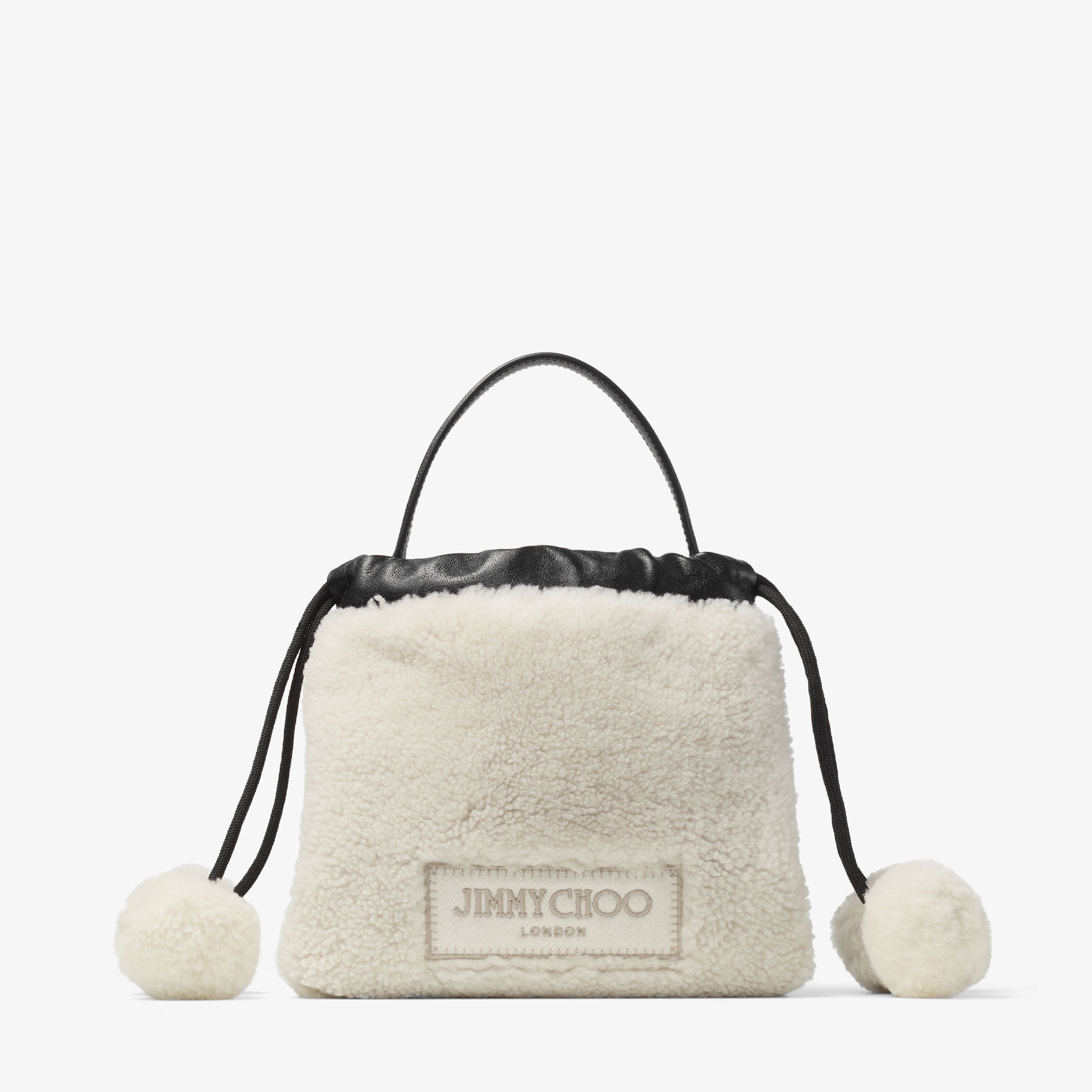 Drawstring Pouch Top Handle | Natural and Black Shearling and