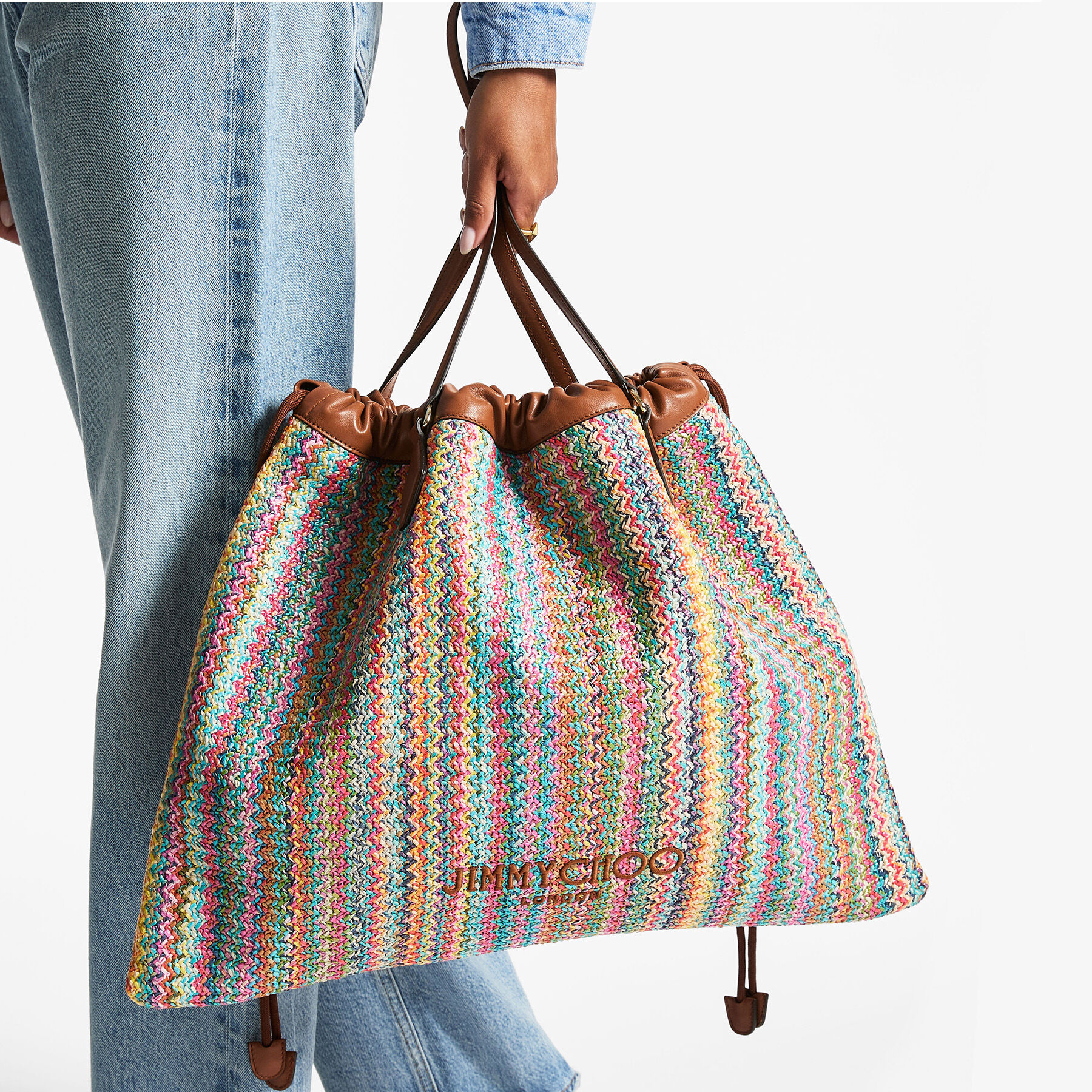 Drawstring Tote L | Multi and Tan Chevron Raffia Drawstring Tote