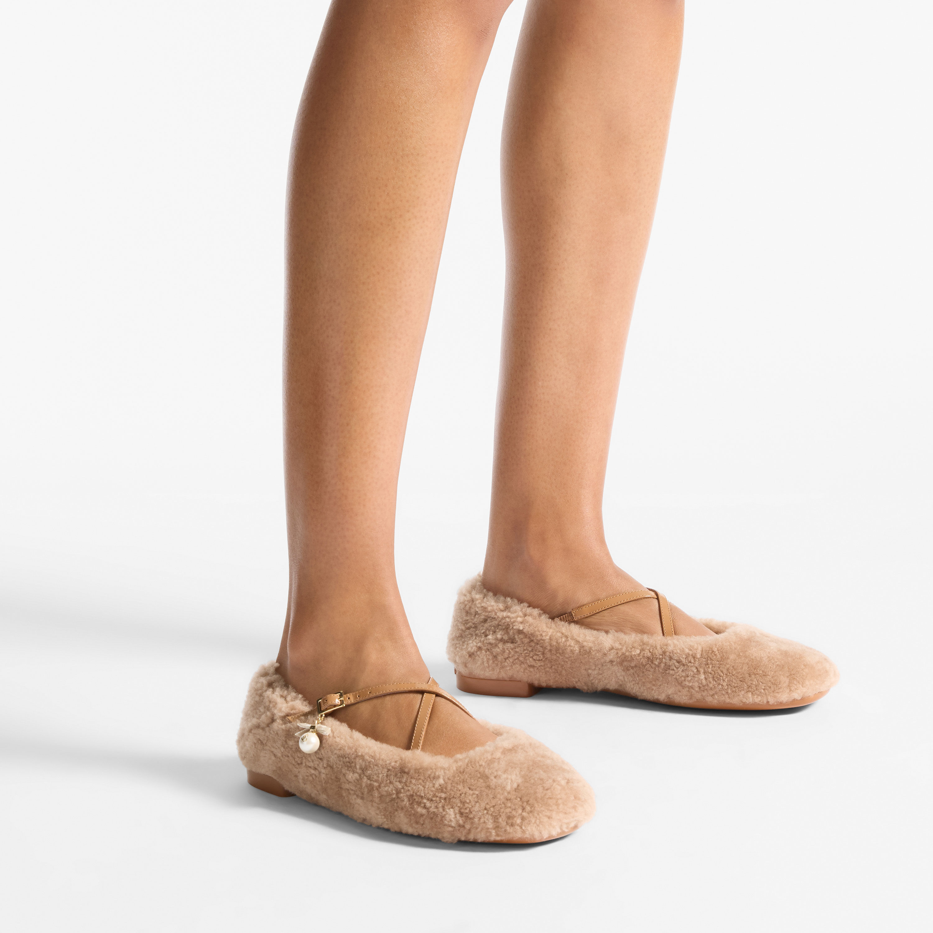 Eleri Ballerina S | Toffee Shearling Ballerina Pumps with Pearl