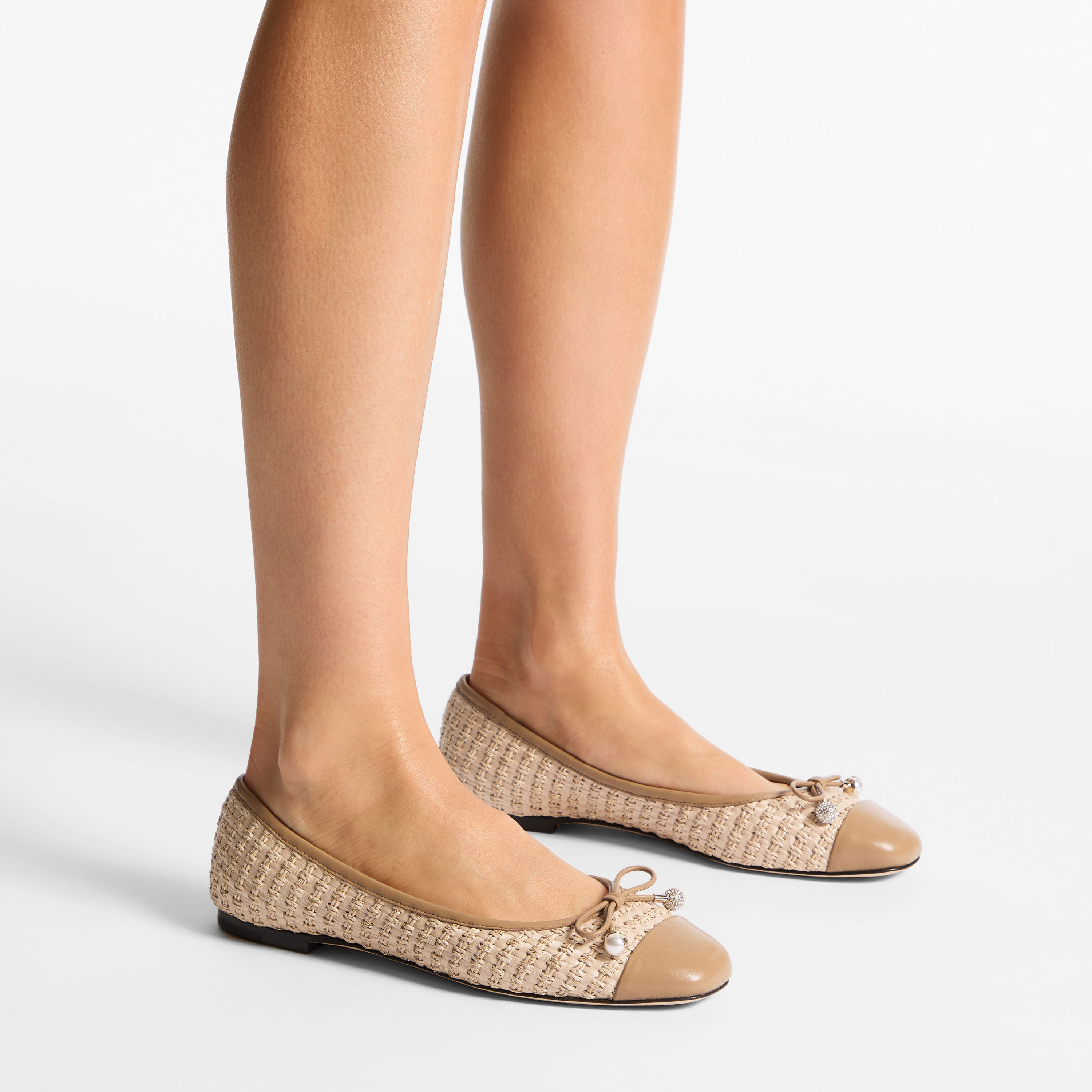 Elme Flat | Natural/Cappuccino Raffia and Leather Flats | JIMMY CHOO