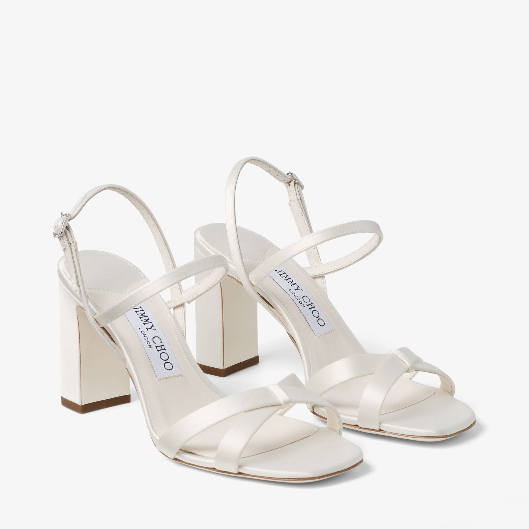 Elsy Block Heel 85 | Ivory Satin Sandals with Crystal-Embellished Elsy Block Heel 85 | Ivory Satin Sandals with Crystal-Embellished