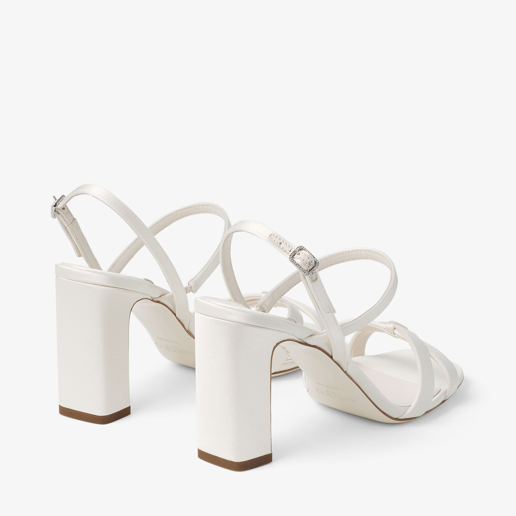 Elsy Block Heel 85 | Ivory Satin Sandals with Crystal-Embellished