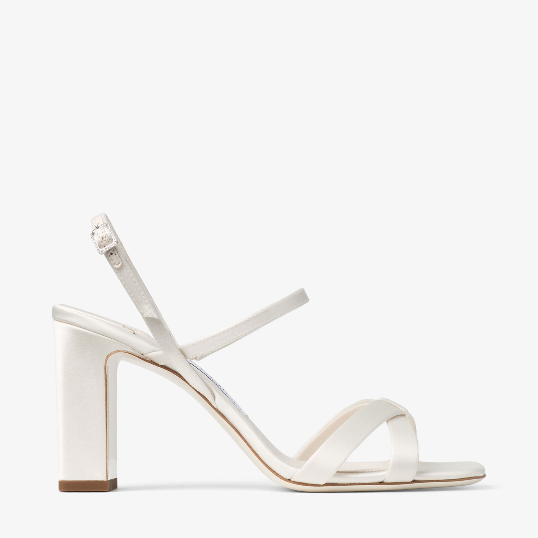 Elsy Block Heel 85 | Ivory Satin Sandals with Crystal-Embellished