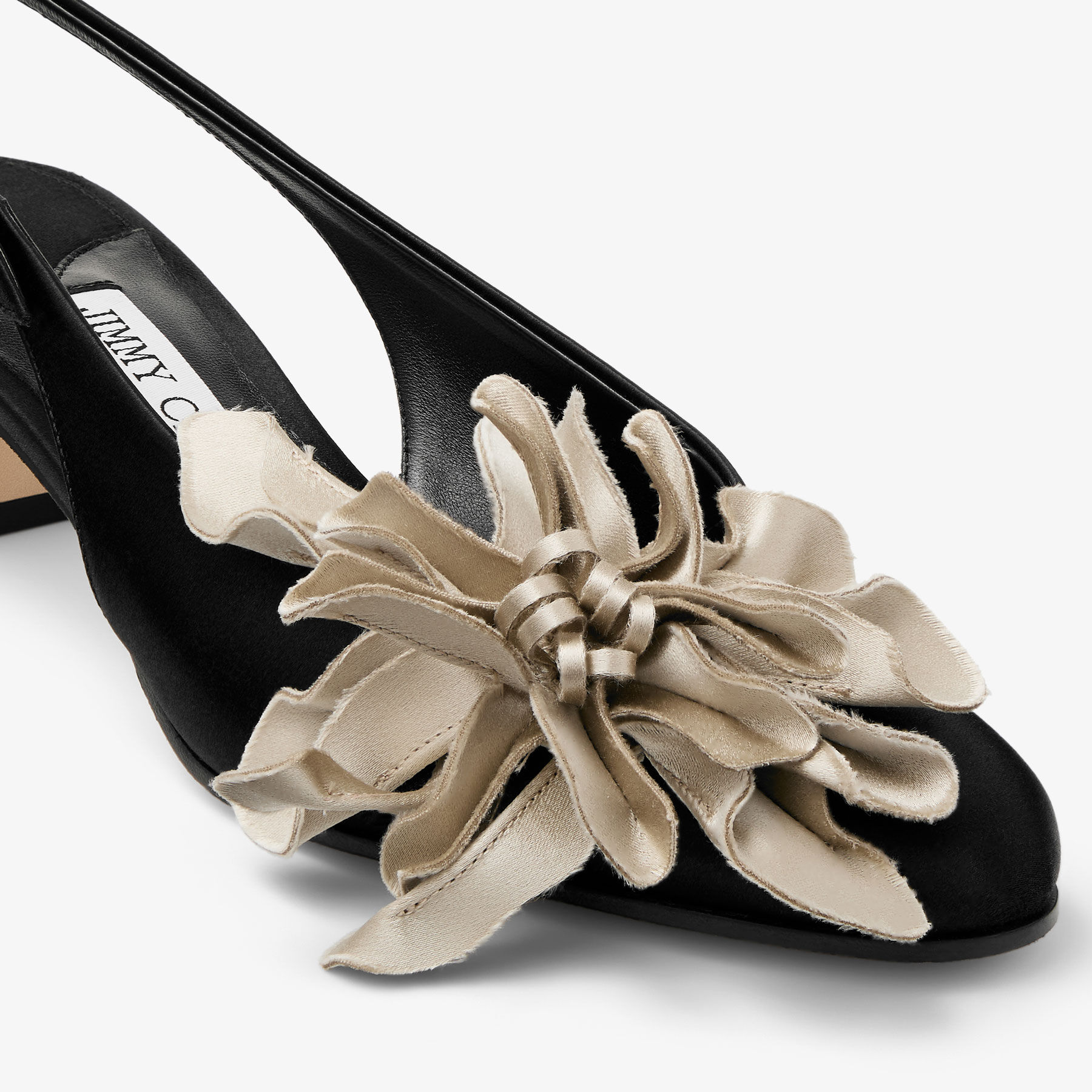 Eyla Sling Back 45 | Black and Bone Satin Slingbacks with Floral