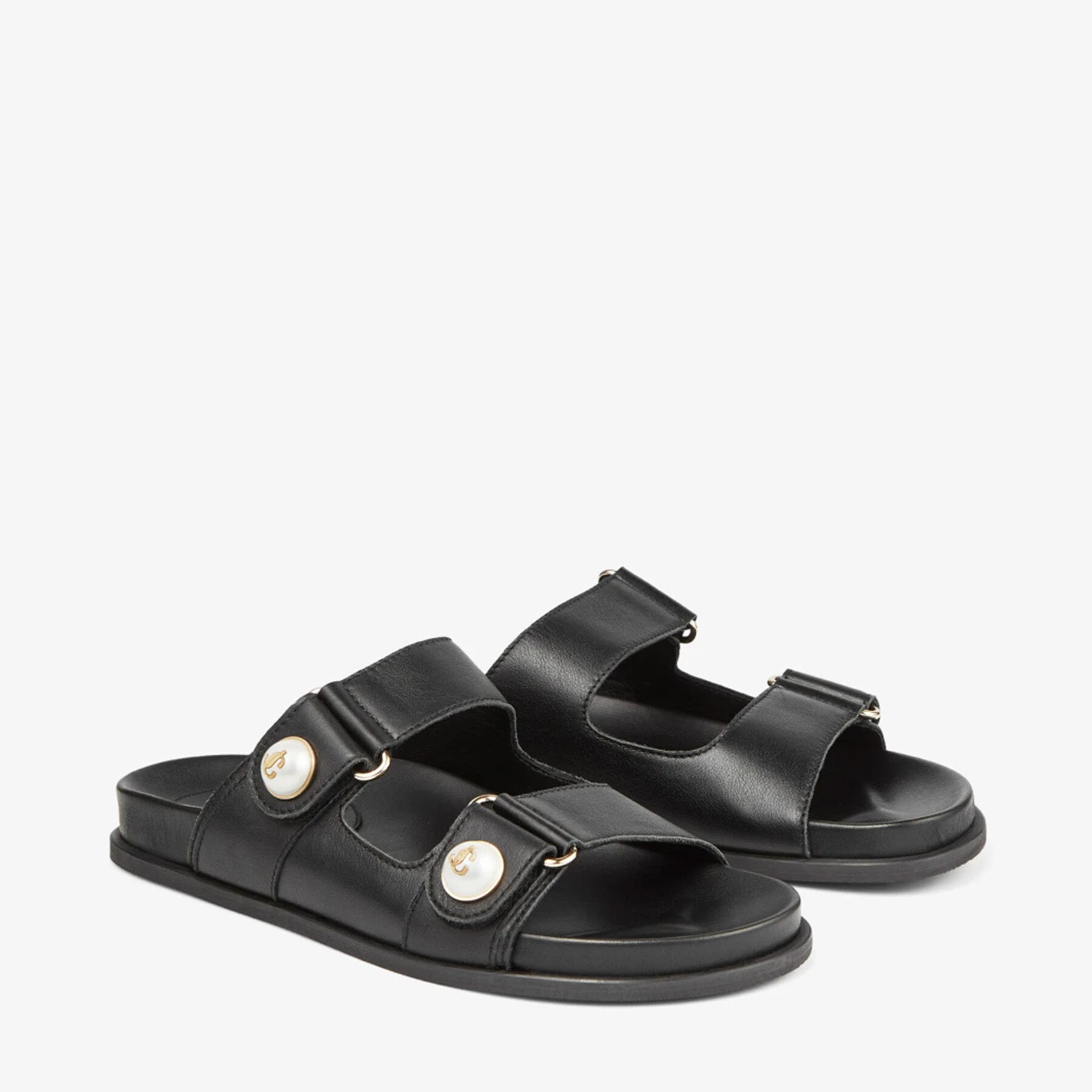 FAYENCE SANDAL | Black Leather Flat Sandals with Pearl