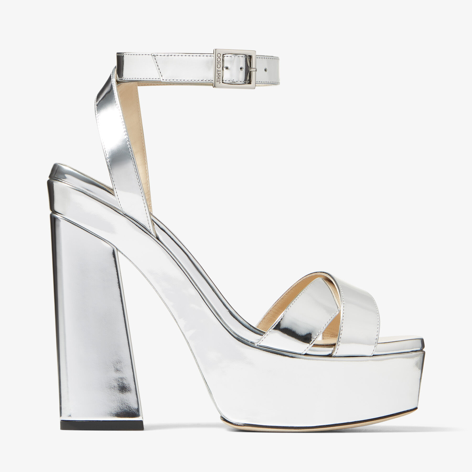 Silver Liquid Metal Leather Platform Sandals | GAIA 140
