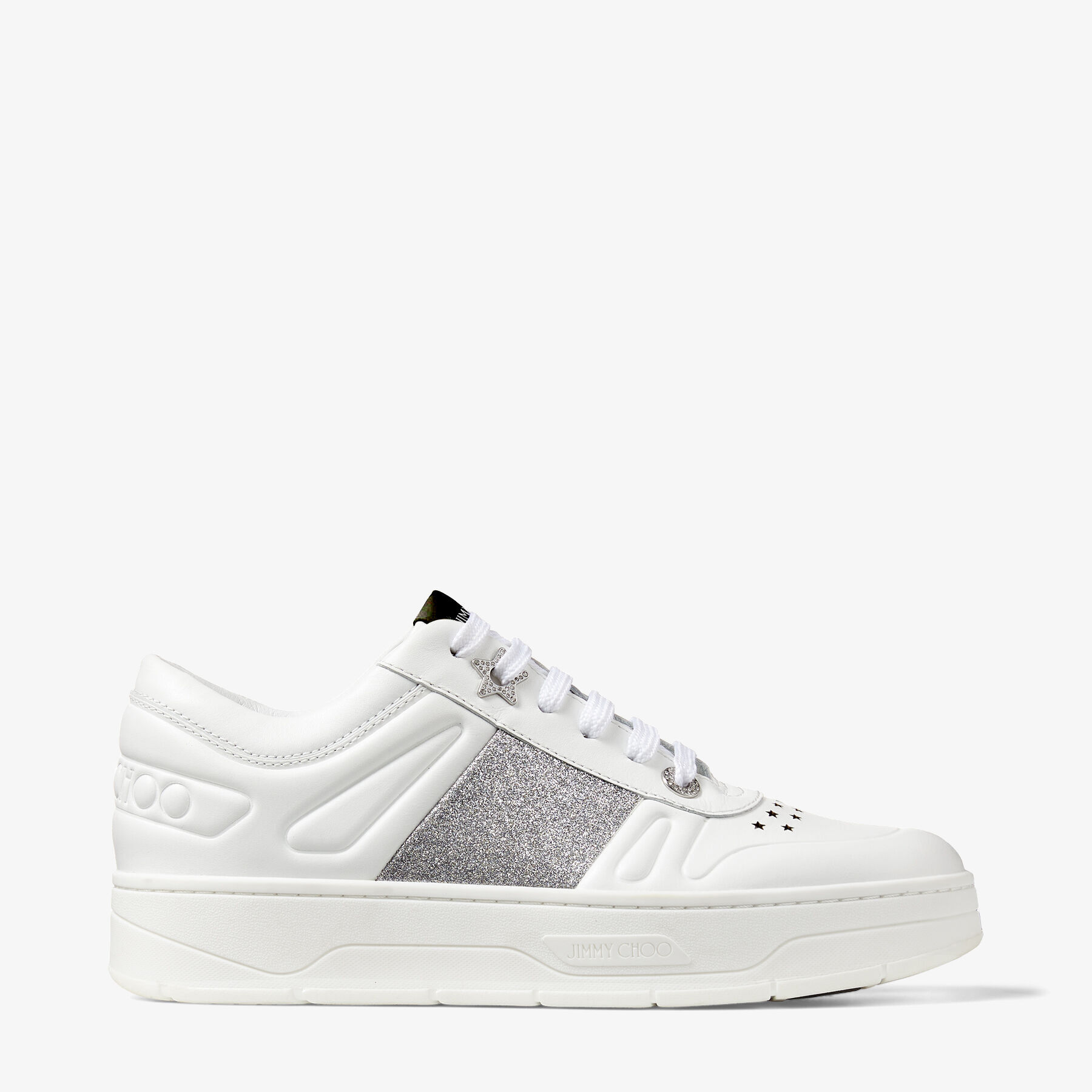 White Calf Leather Lace-Up Trainers with Glitter Stripe