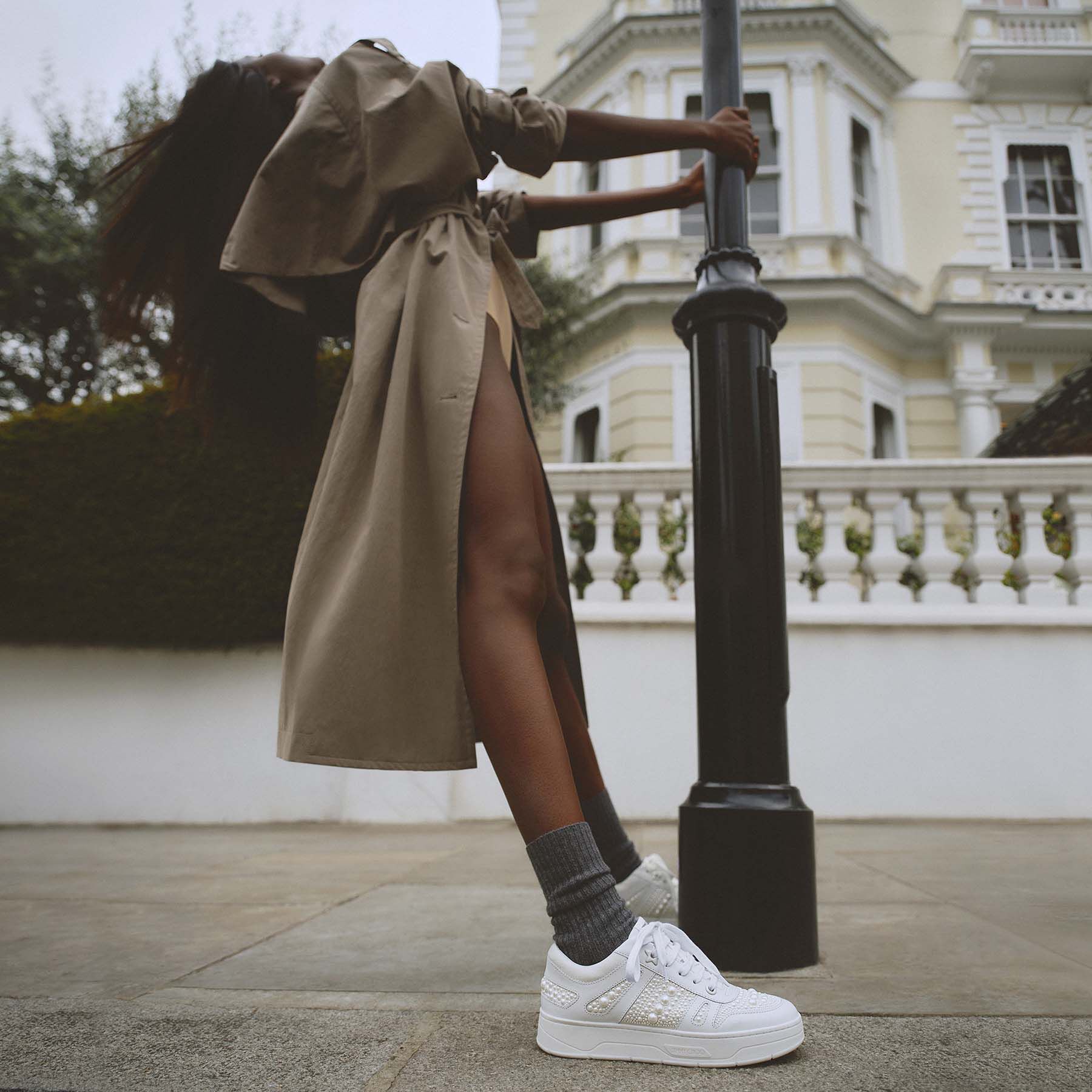 White Calf Leather and Canvas Low Top Trainers with Pearl