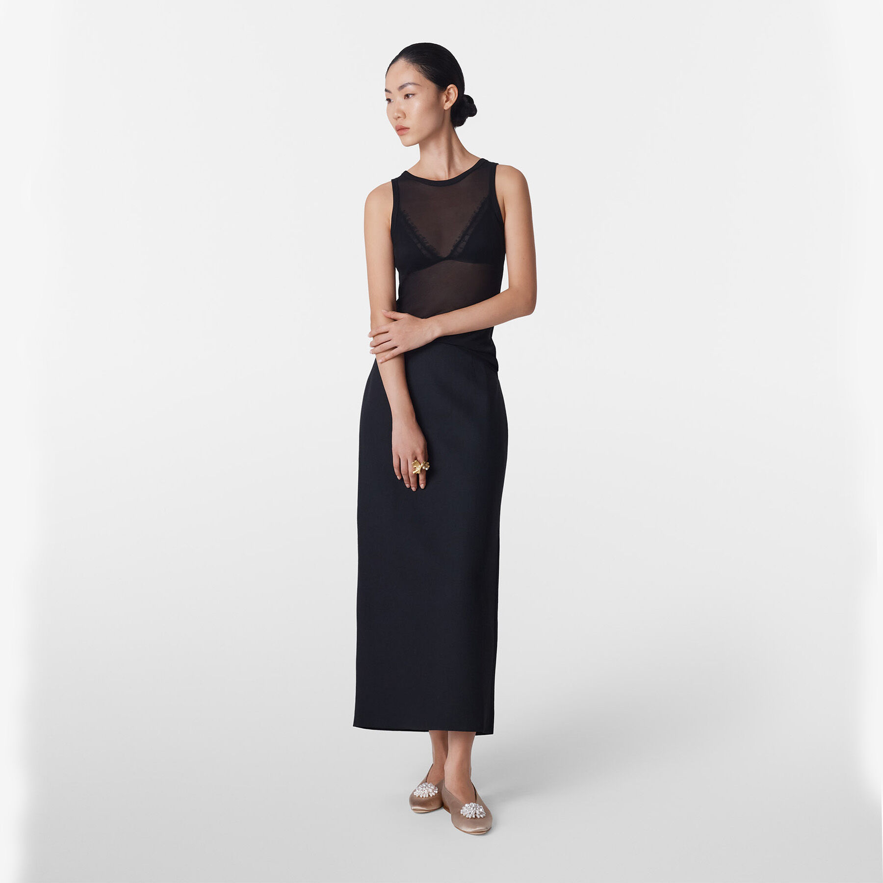 Ines Flat | Stone Satin Flats with Pearl and Crystal Brooch