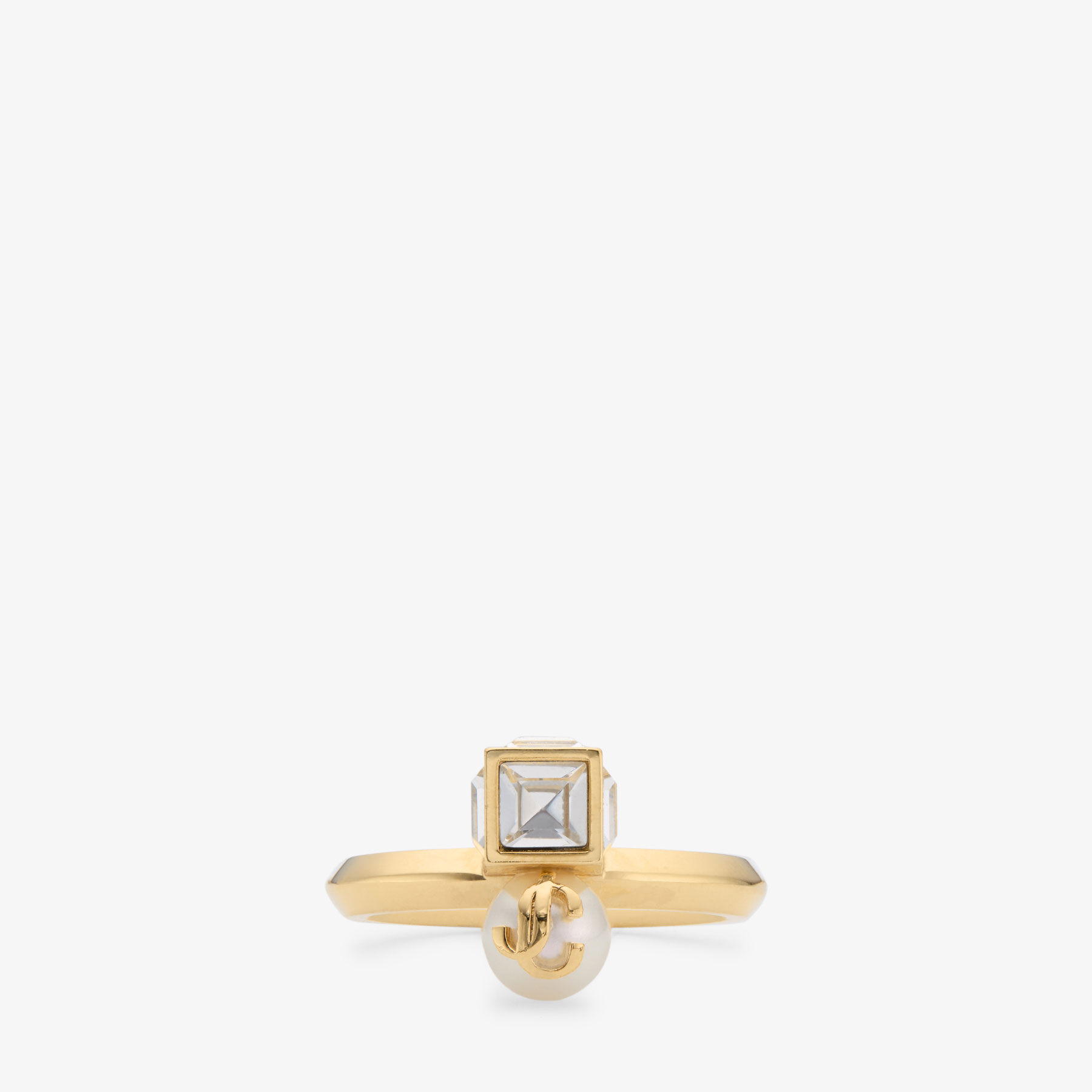 JC Pearl Cube Ring | Gold Metal Ring with Pearl and Crystal Cube