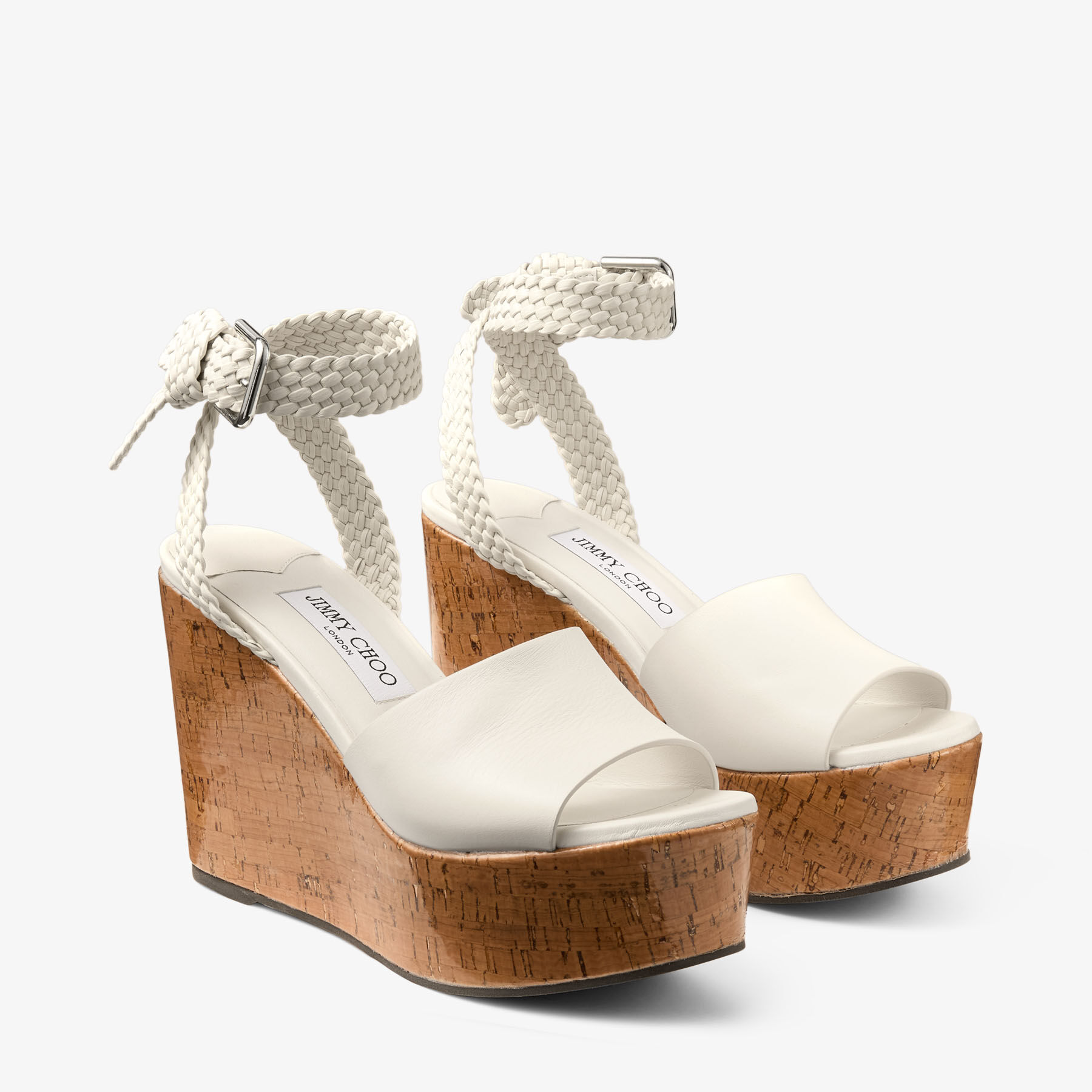 Jori 100 | Latte Shiny Calf Leather and Shiny Cork Wedges | JIMMY CHOO