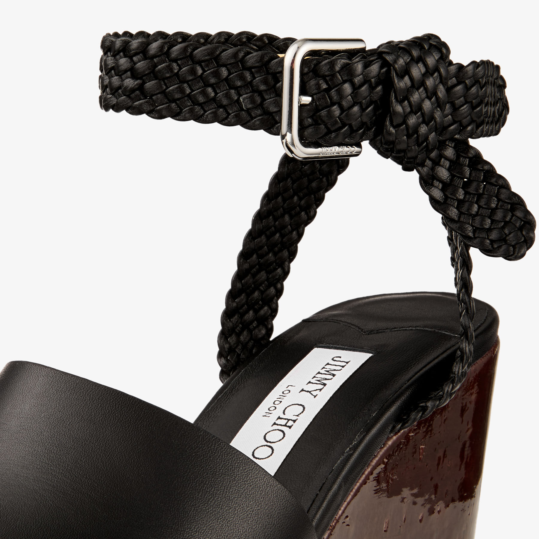 JIMMY CHOO PRAISE ウェッジソール サンダル ブラック 36 Jori 100 | Black Shiny Calf Leather and Shiny Cork Wedges | JIMMY CHOO