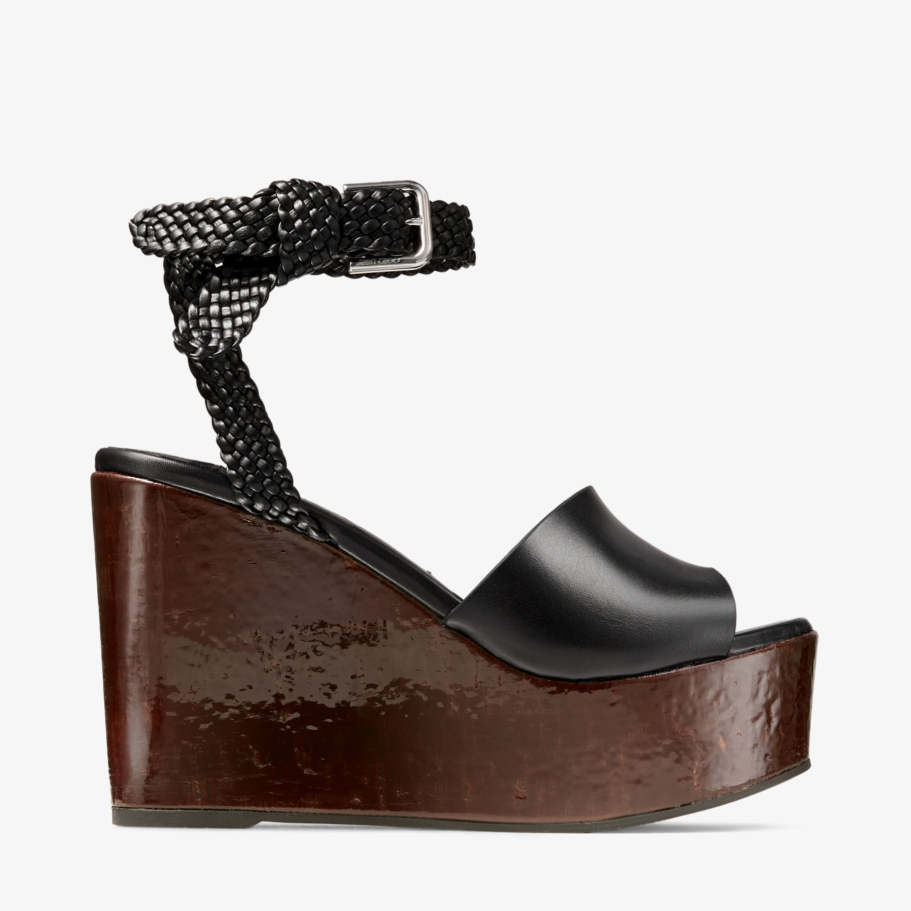 Jori 100 | Black Shiny Calf Leather and Shiny Cork Wedges | JIMMY CHOO