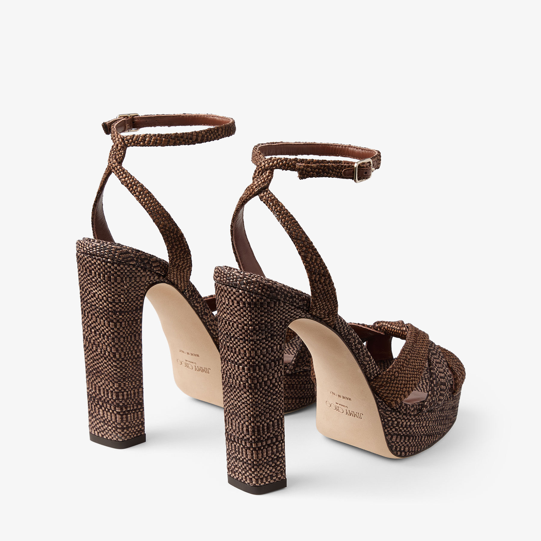 Kove 120 | Chocolate and Tan Fine Raffia Platform Sandals | JIMMY CHOO