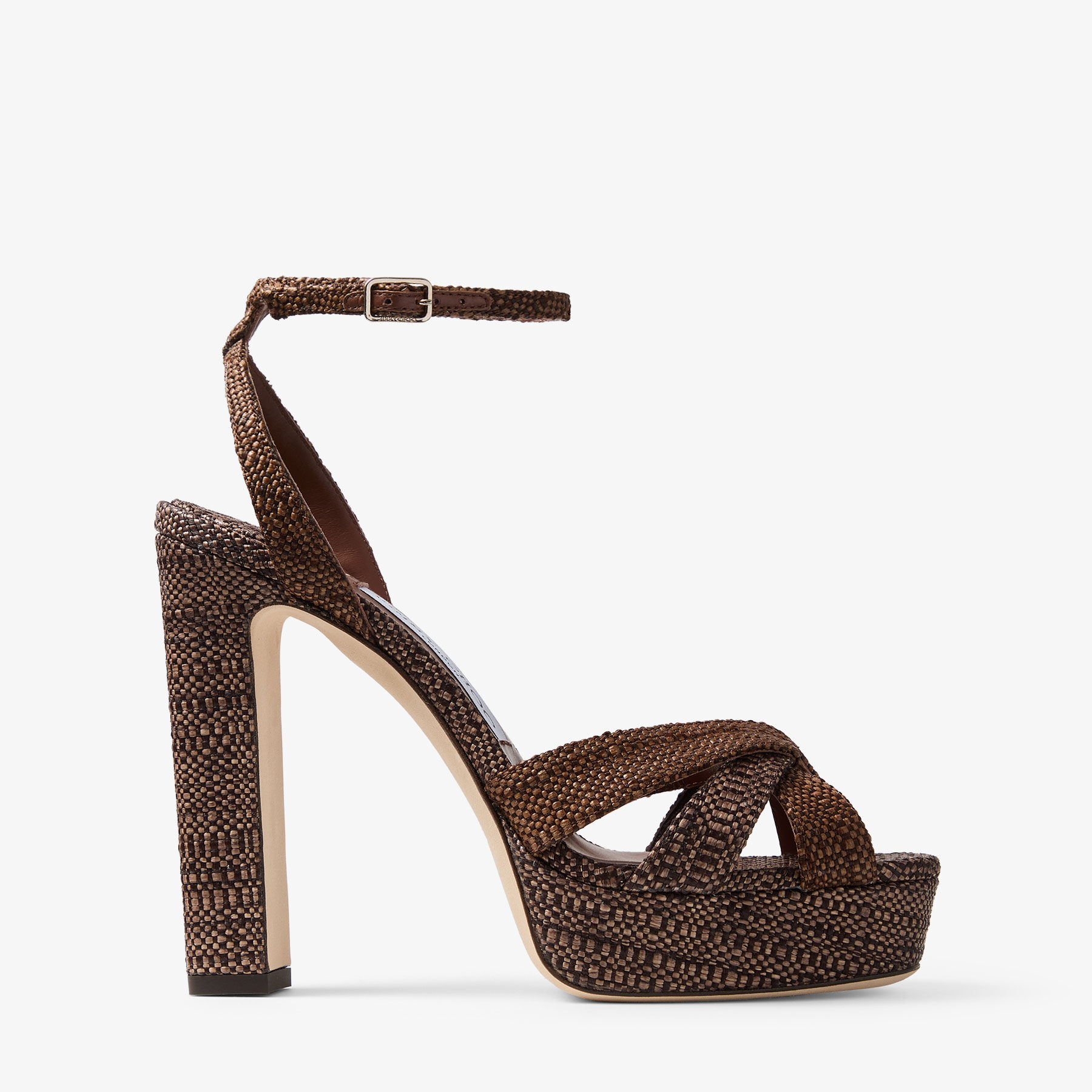 sorayume Kove 120 | Chocolate and Tan Fine Raffia Platform Sandals | JIMMY CHOO