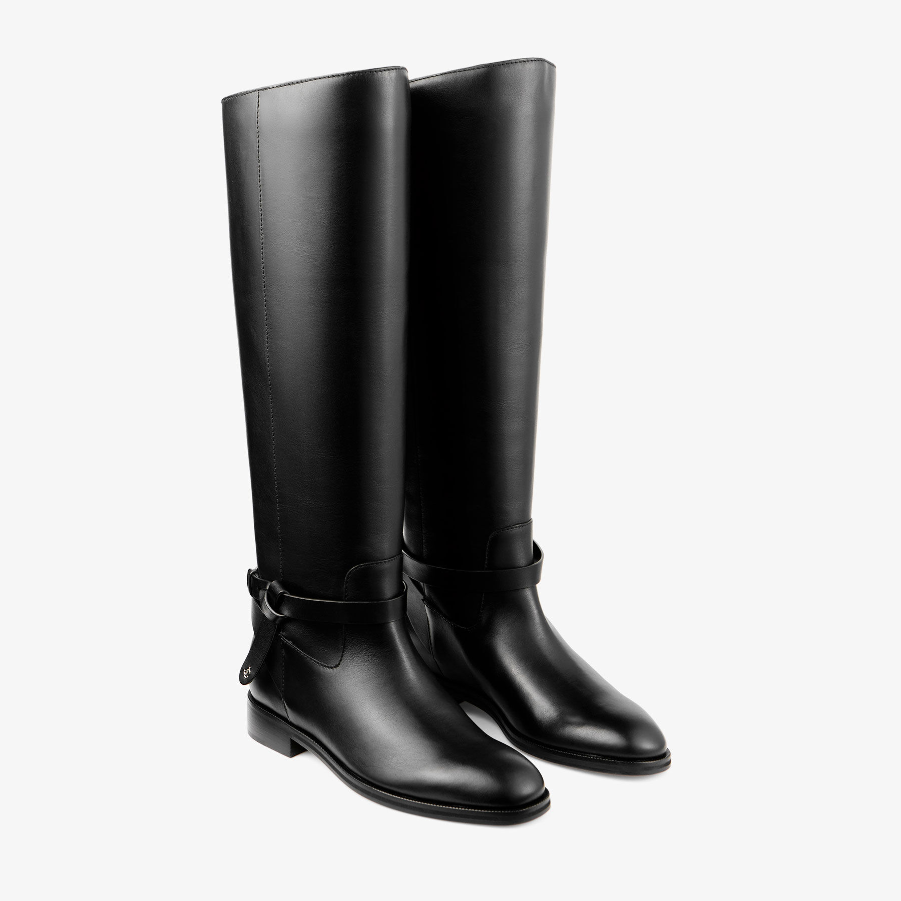 Lawton Knee Boot Flat | Black Calf Leather and Soft Vachetta Knee