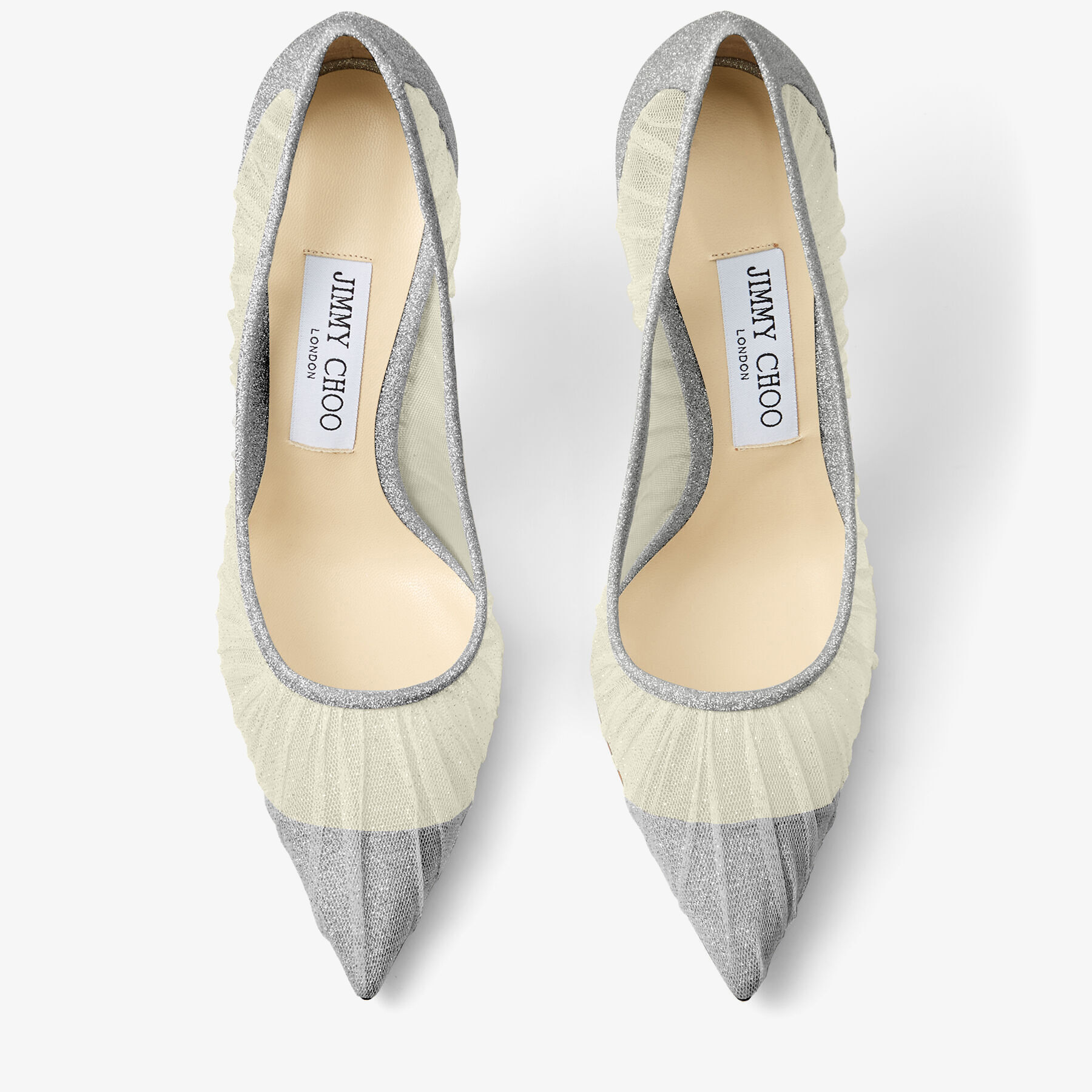 Metallic Silver Glitter Fabric Pumps with Ivory Tulle