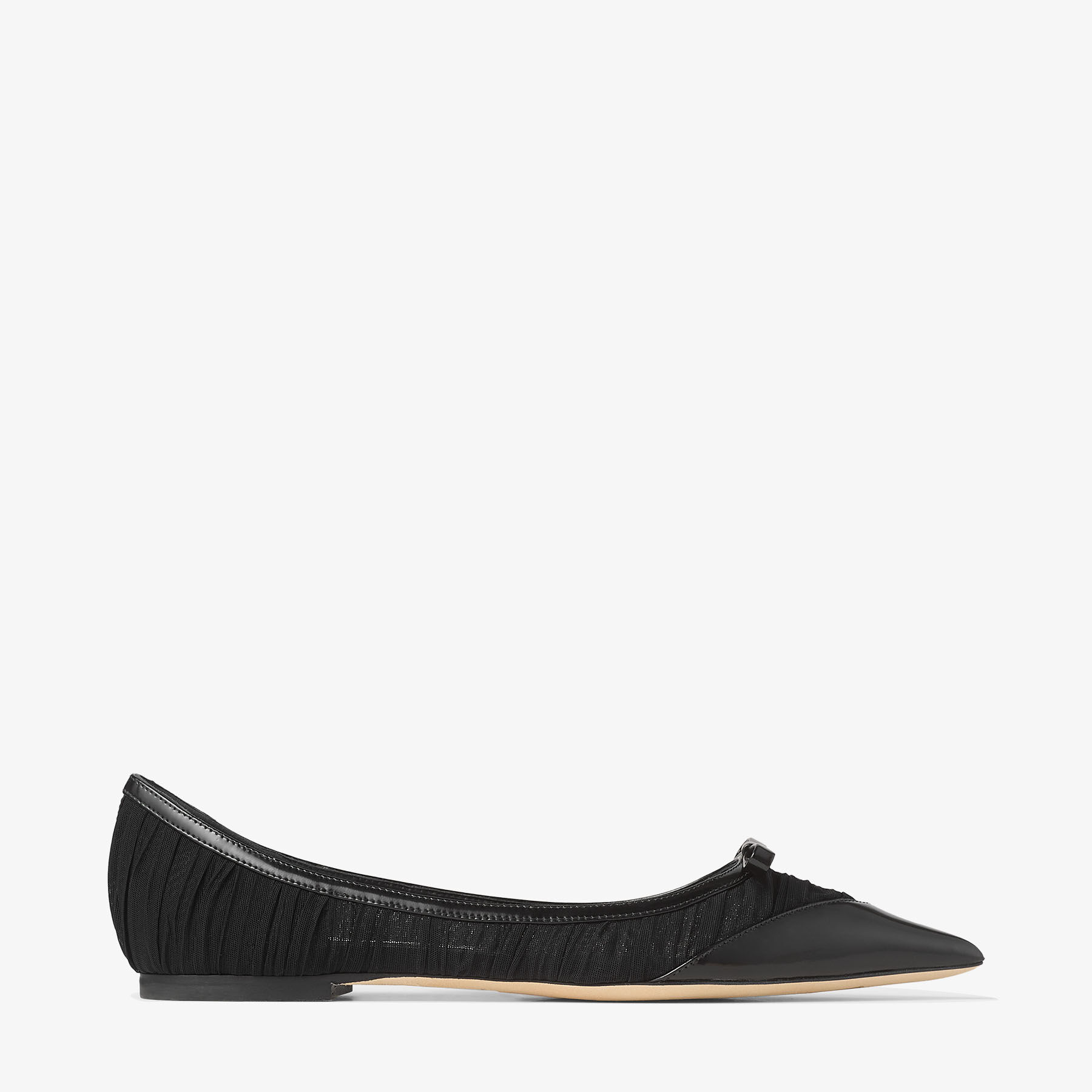 Jimmy Choo 黒 リボン付き フラット 38 Love Mesh Flat | Black Spazzolato and Ruched Tulle Flat Pumps