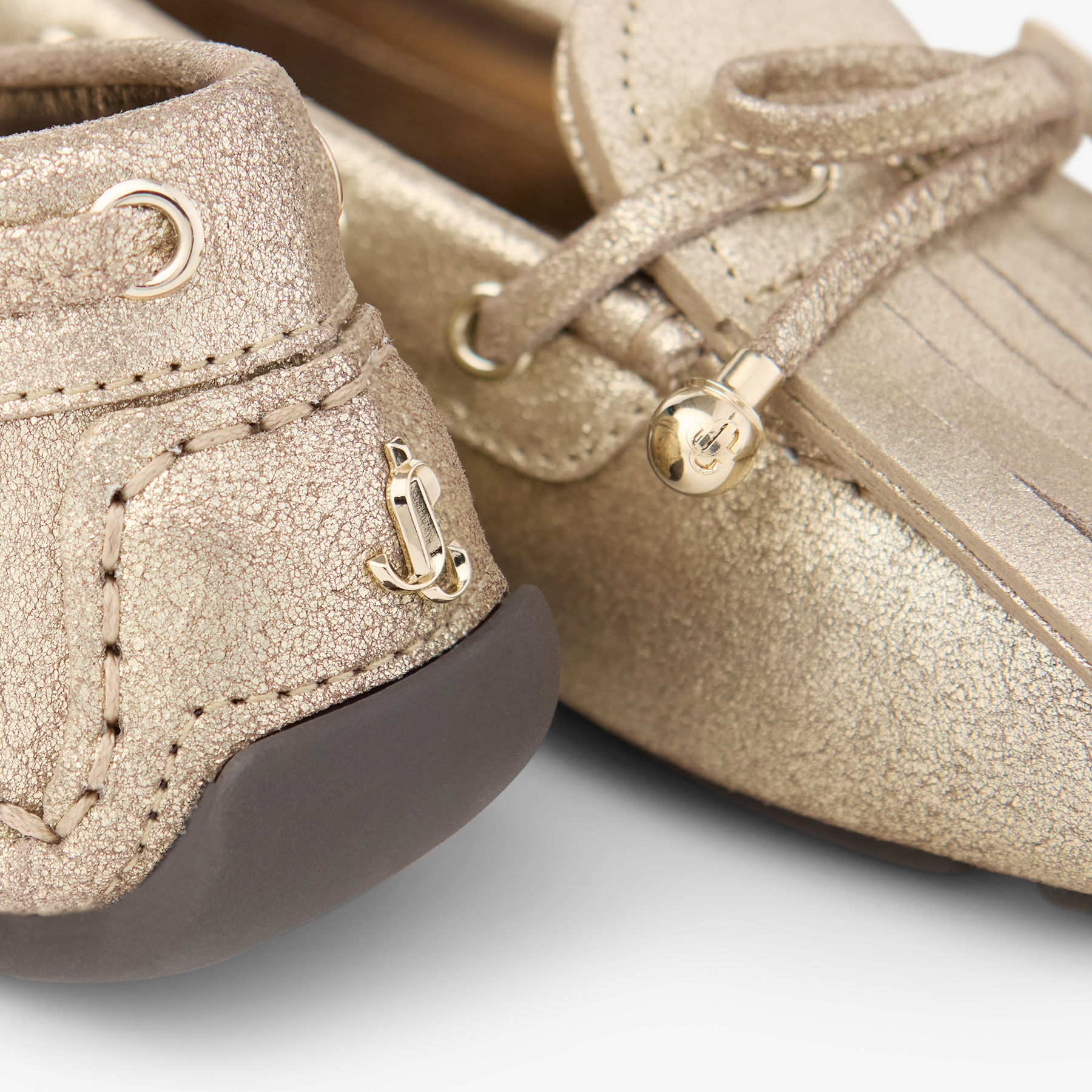 Manon F |Gold Shimmer Crosta Suede Loafer with Metal Orb | JIMMY CHOO