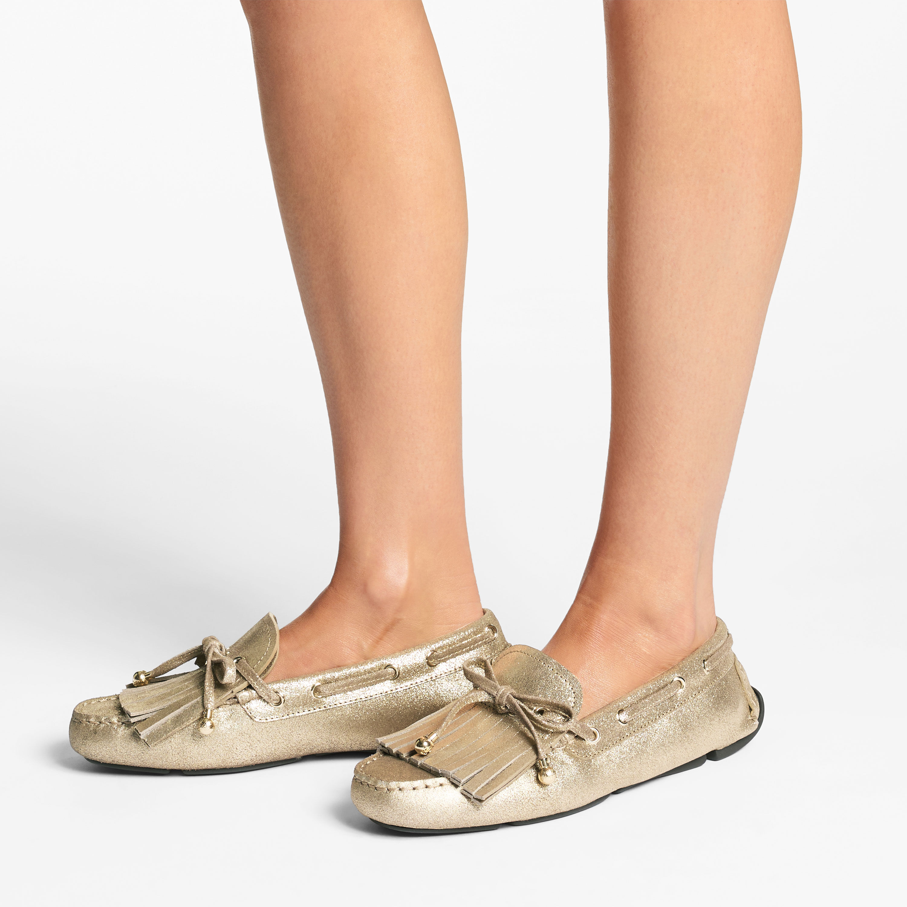 Manon F |Gold Shimmer Crosta Suede Loafer with Metal Orb | JIMMY CHOO