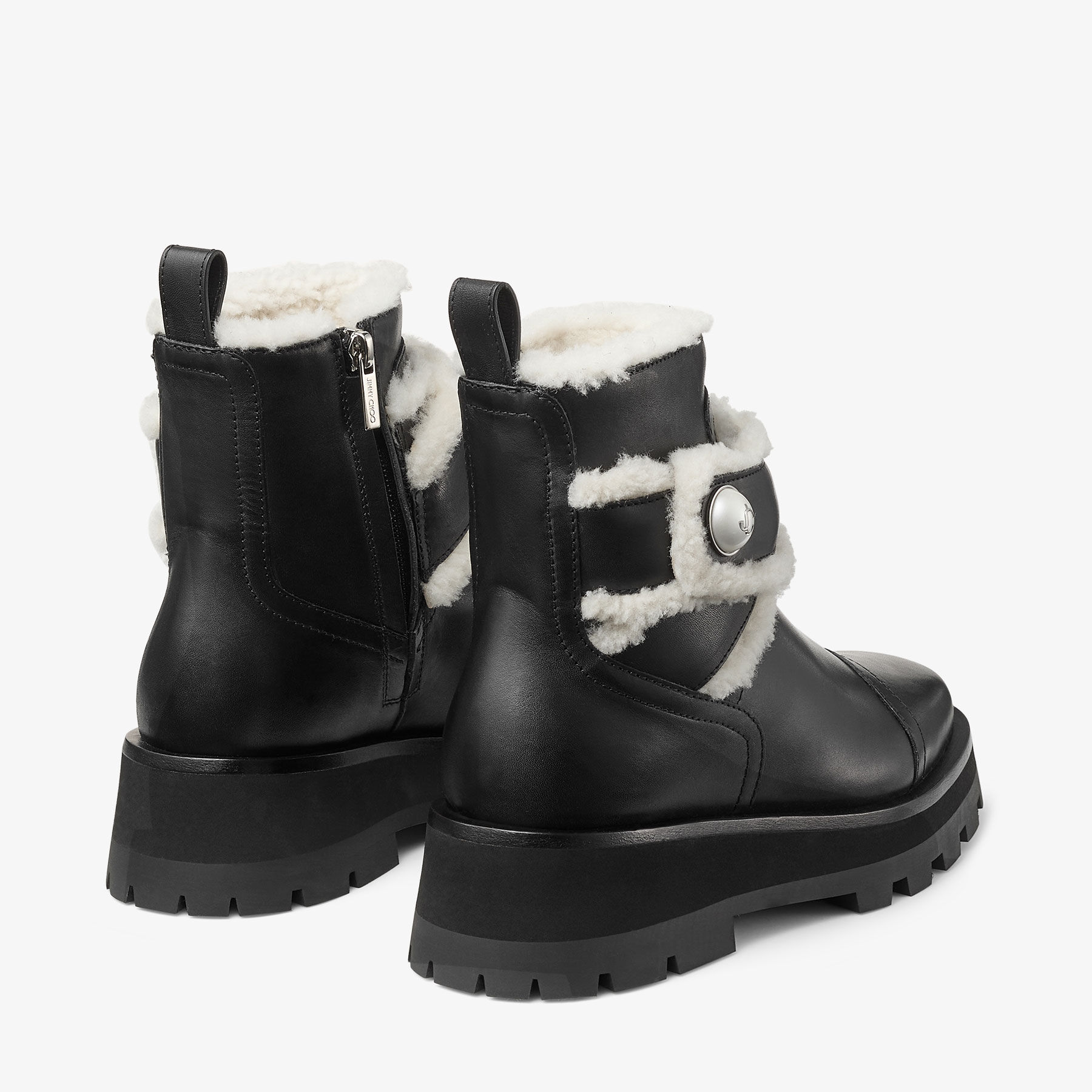 Meena Flat | Black Shiny Calf Leather Ankle Boots with Shearling