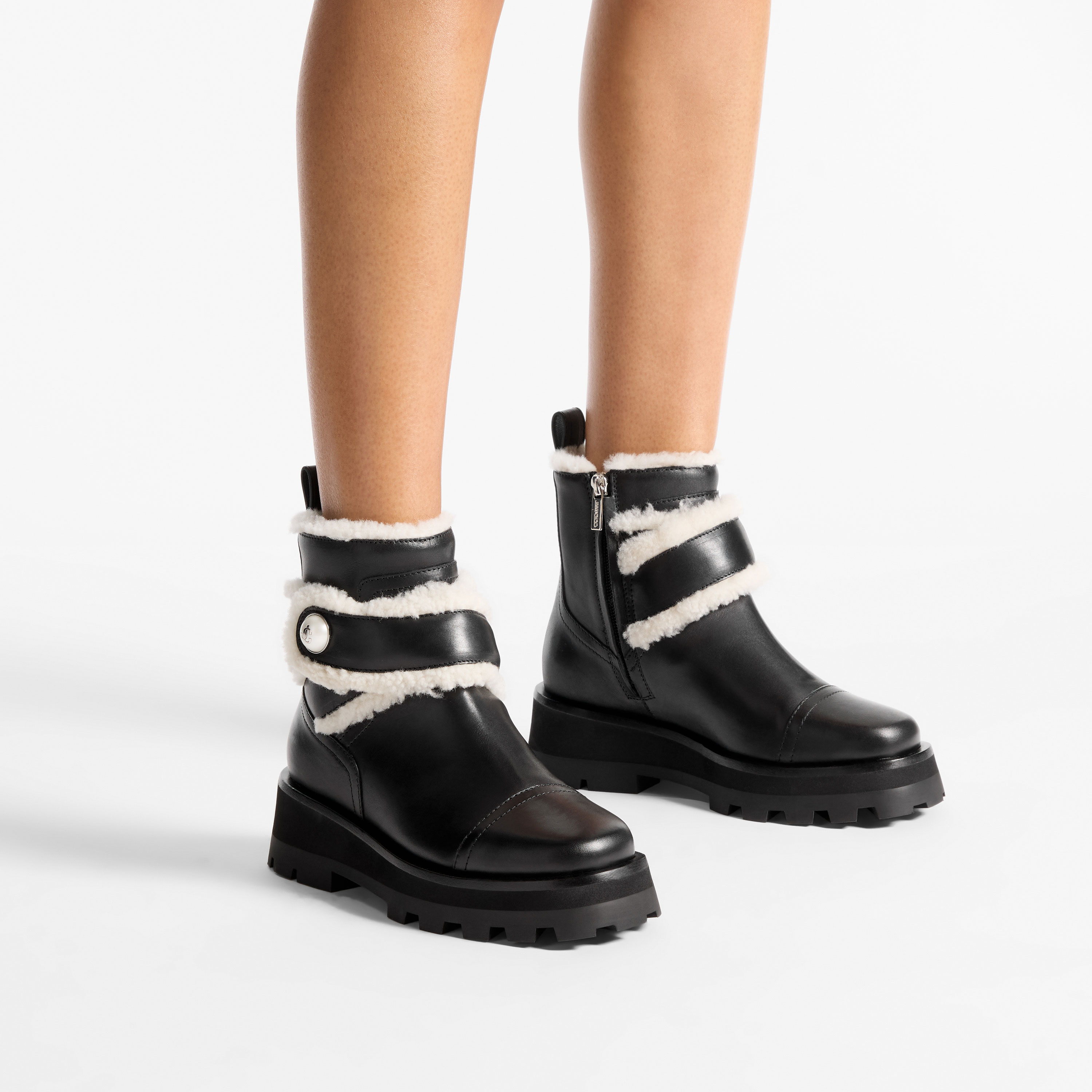 Meena Flat | Black Shiny Calf Leather Ankle Boots with Shearling
