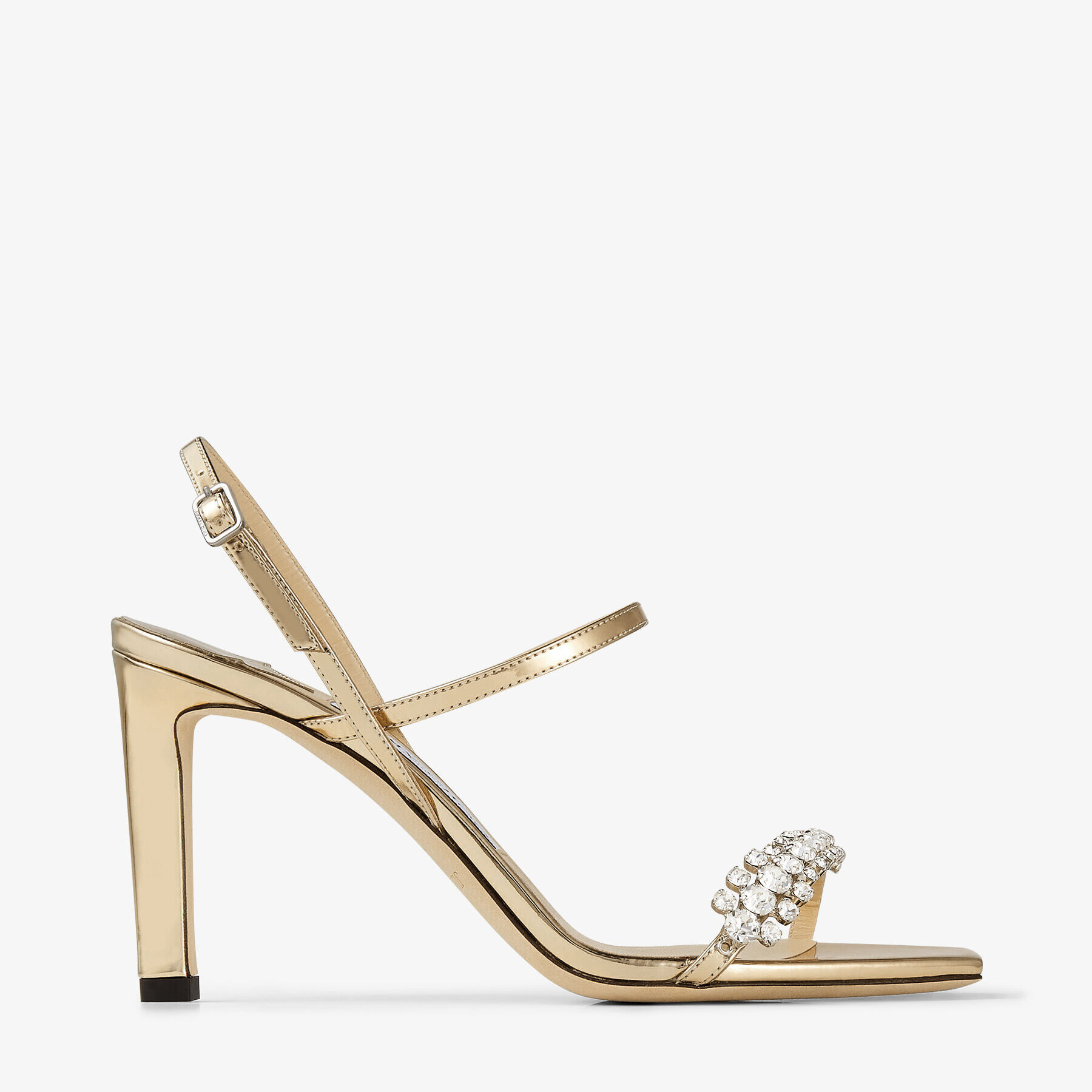 Gold Liquid Metal Leather Sandals with Crystal Embellishment