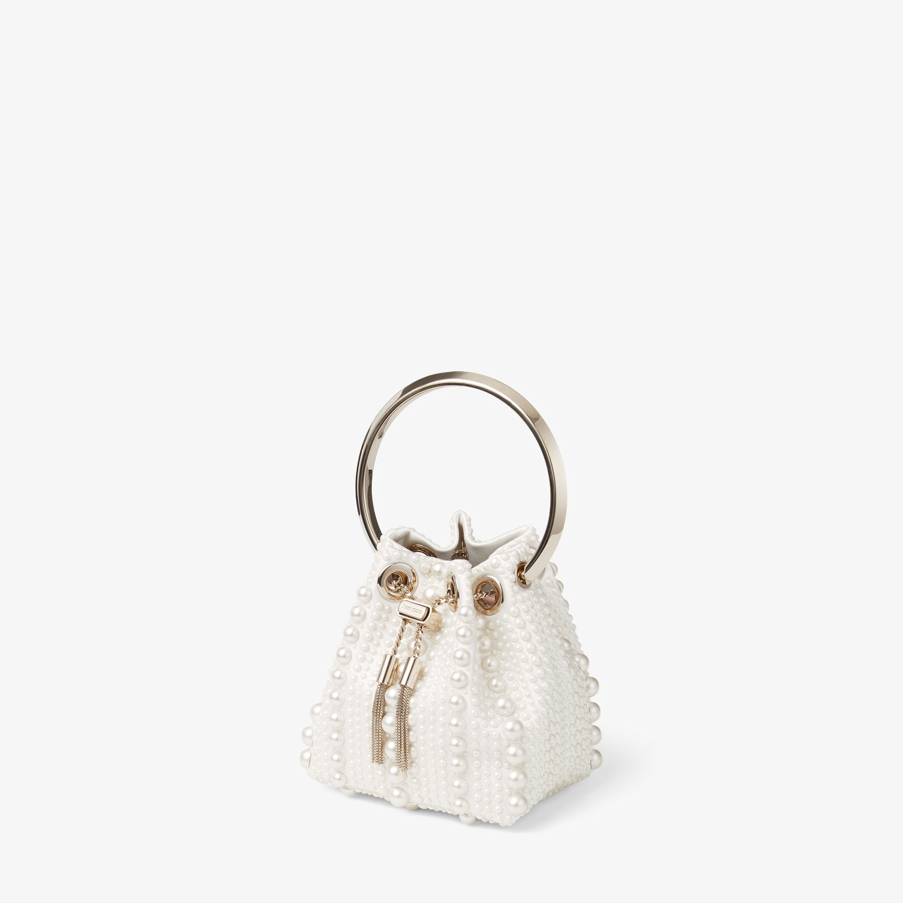 Micro Bon Bon | Ivory Satin Mini Bag with All-Over Pearls | JIMMY CHOO