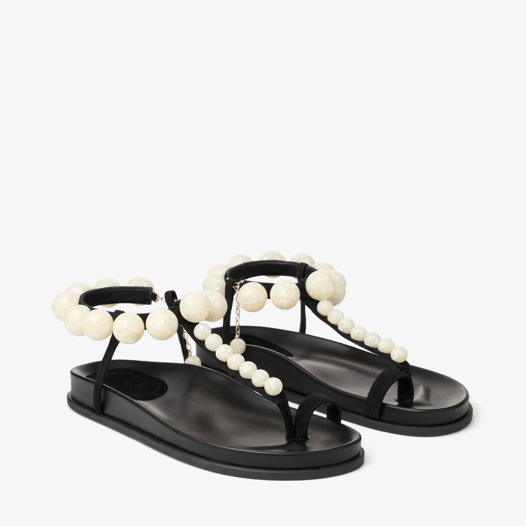 Miro Flat | Black Suede Sandals with Mother of Pearl Spheres