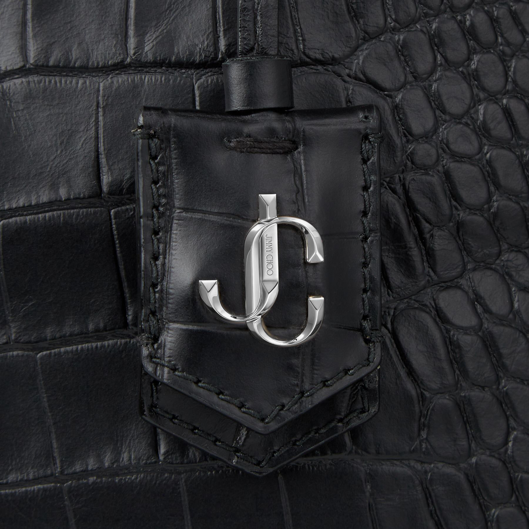 Black Croc Embossed Leather Tote Handbag with JC Emblem