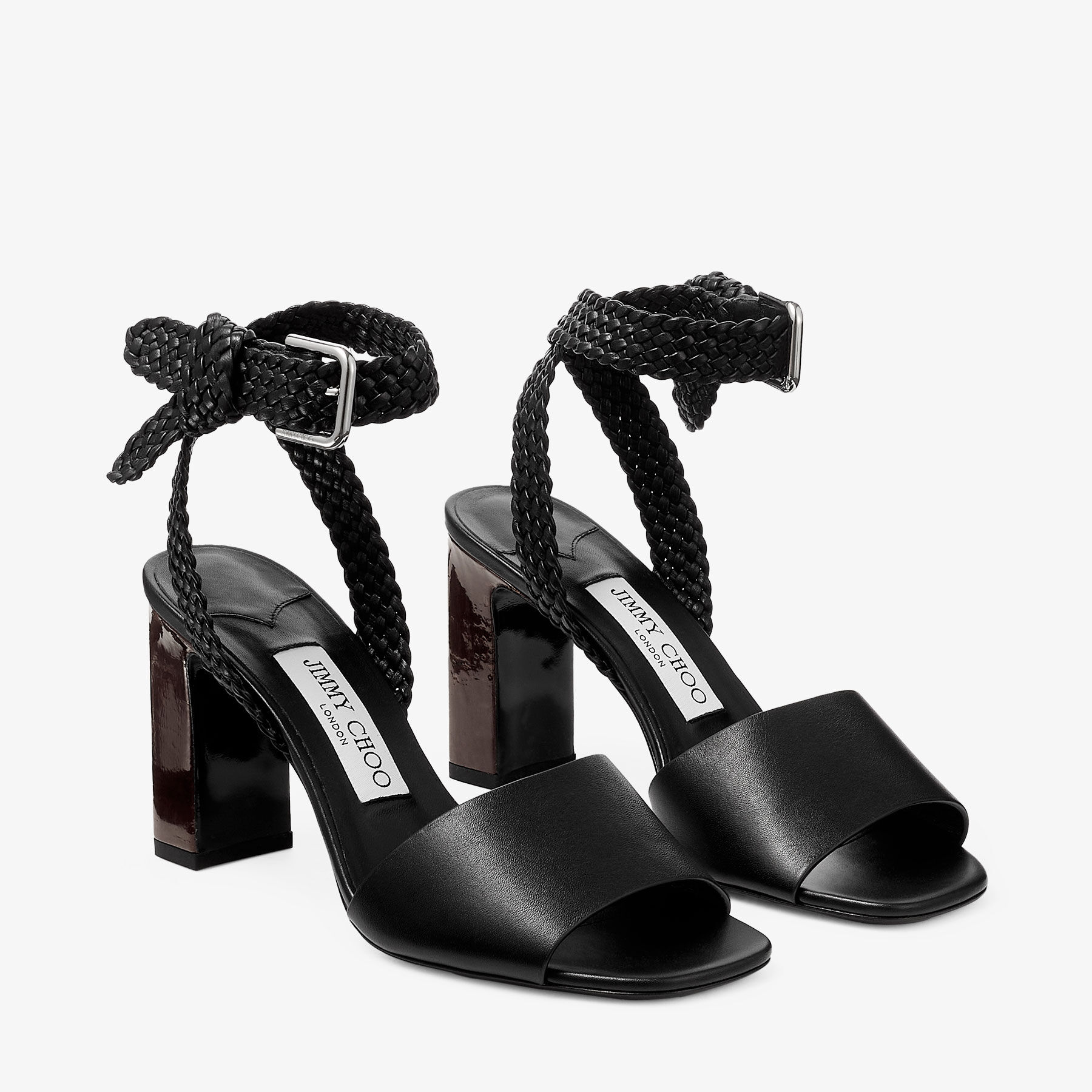 JIMMY CHOO スタッズ付きブラックサンダル Rori 85 | Black Shiny Calf Leather and Shiny Cork Sandals | JIMMY CHOO