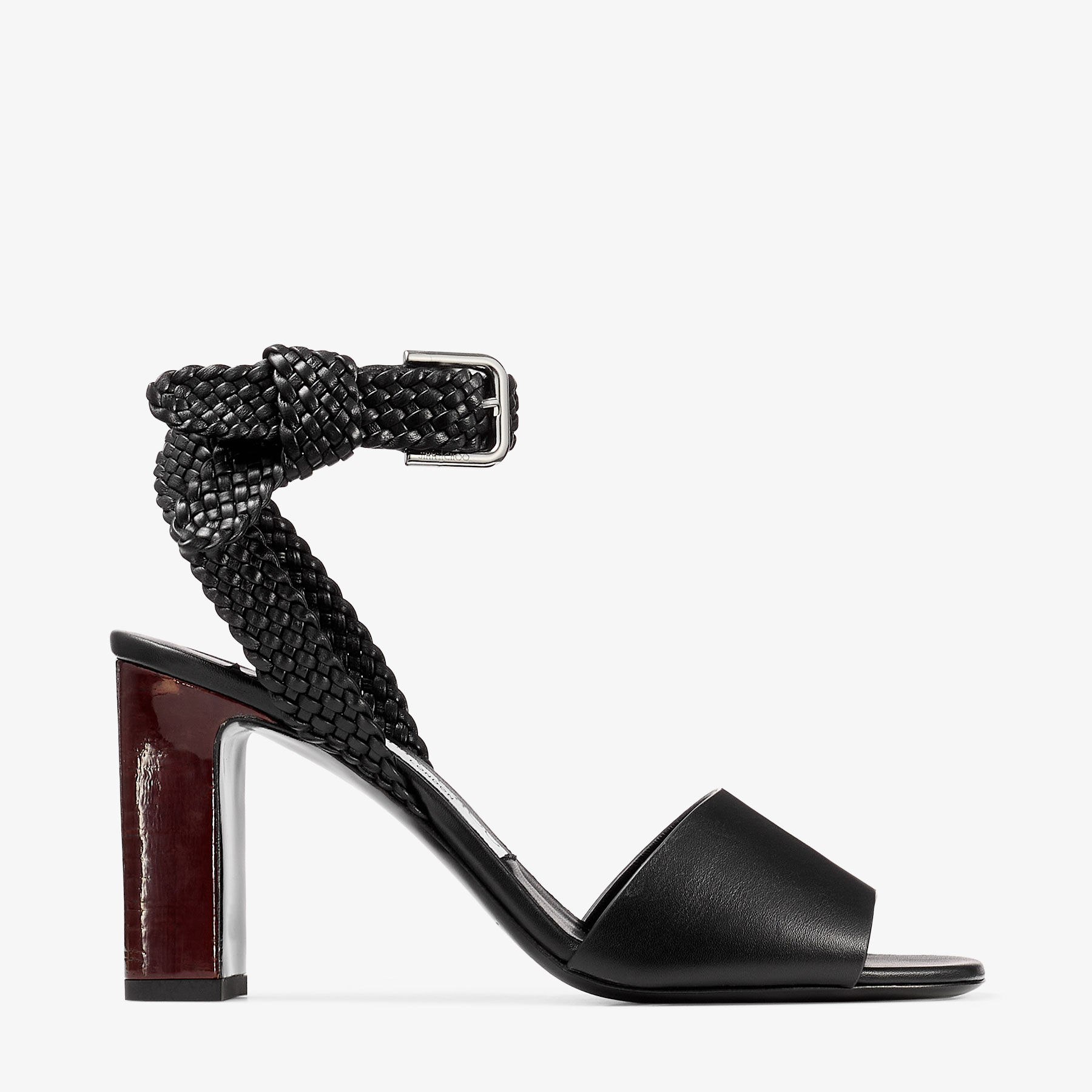 JIMMYCHOO黒サンダル34.5 Rori 85 | Black Shiny Calf Leather and Shiny Cork Sandals | JIMMY CHOO