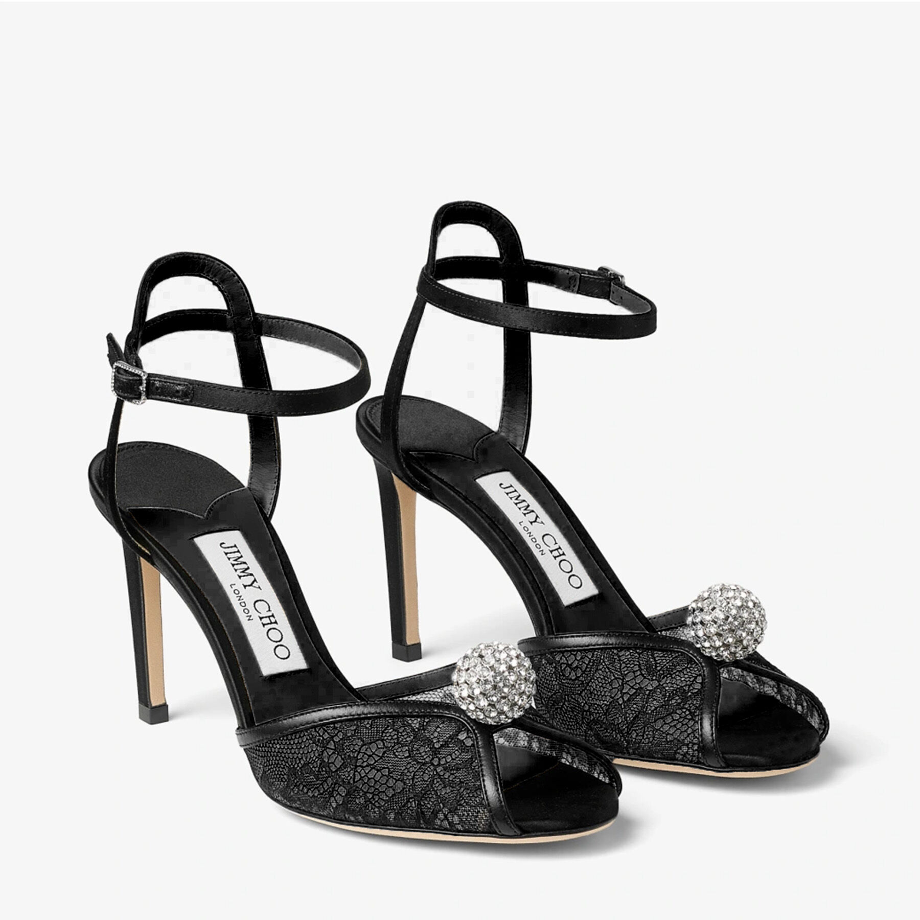 Sacora 85 | Black Lace Sandals with Crystal-Embellished Sphere