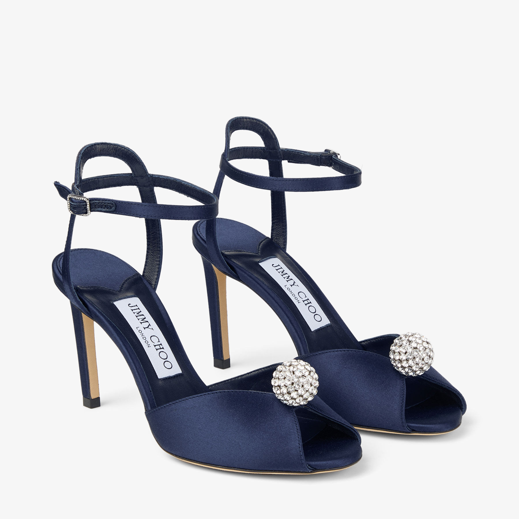 Sacora 85 | Marine Satin Sandals with Crystal-Embellished Sphere